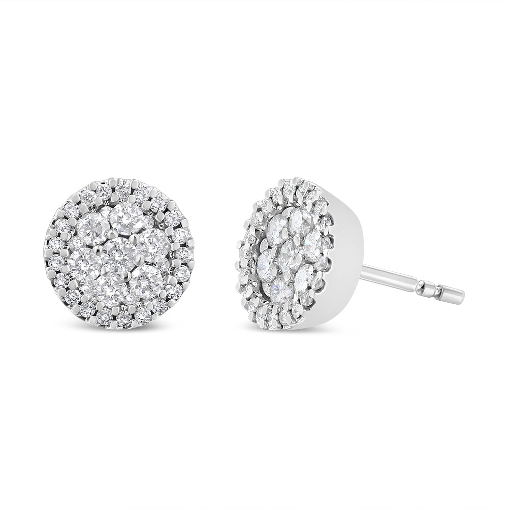 14K White Gold 1.0 Cttw Brilliant-Cut Diamond Halo-Style Cluster Round Button Stud Earrings H-I Color, I1-I2 Clarity on sale at MyriadMart