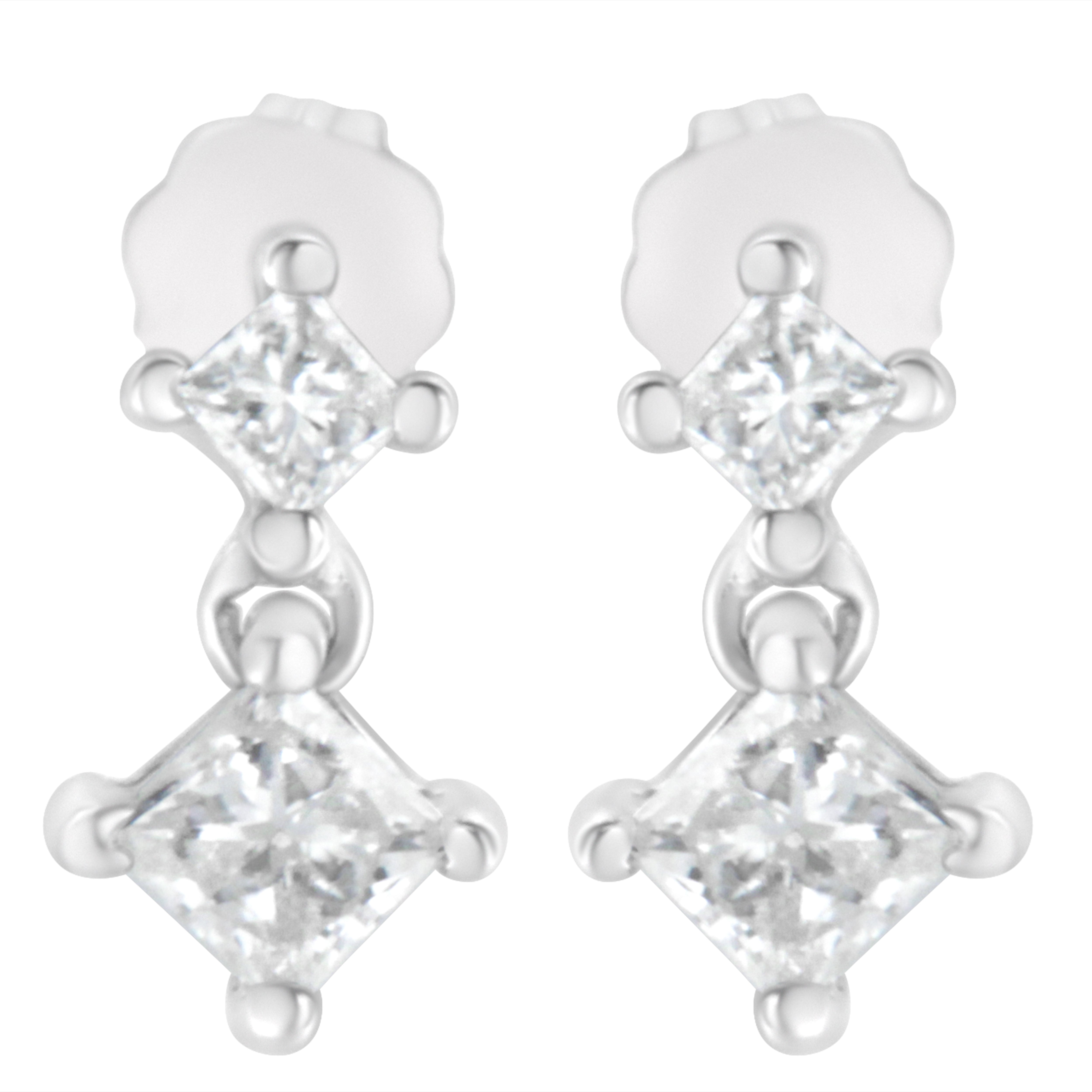 14K White Gold 3/4 cttw Double Diamond Princess-Cut Stud Earrings I-J Clarity, I2-I3 Color on sale at MyriadMart