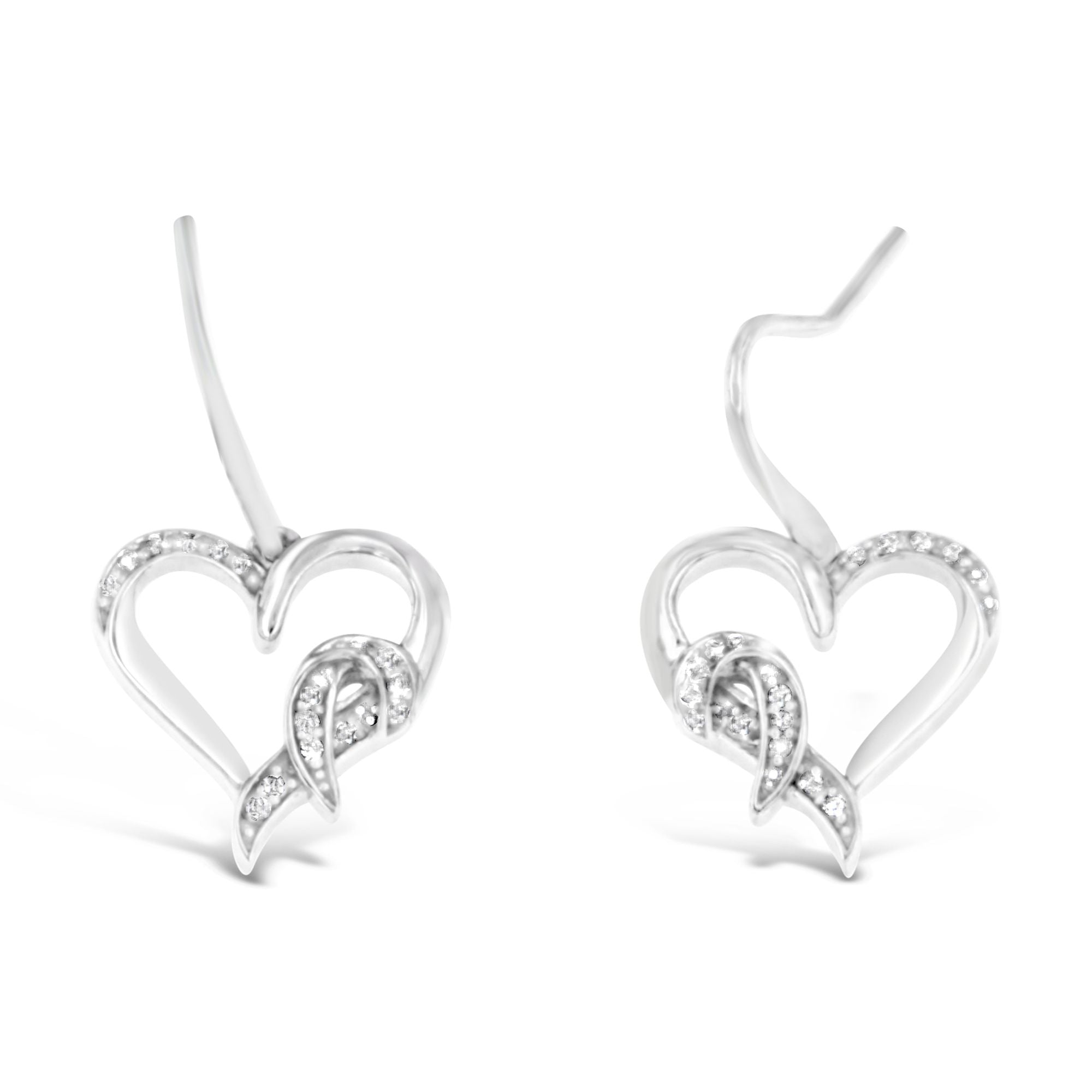 Sterling Silver Round Cut Diamond Heart Dangle Earrings 0.09 cttw, H-I Color, I1-I2 Clarity on sale at MyriadMart