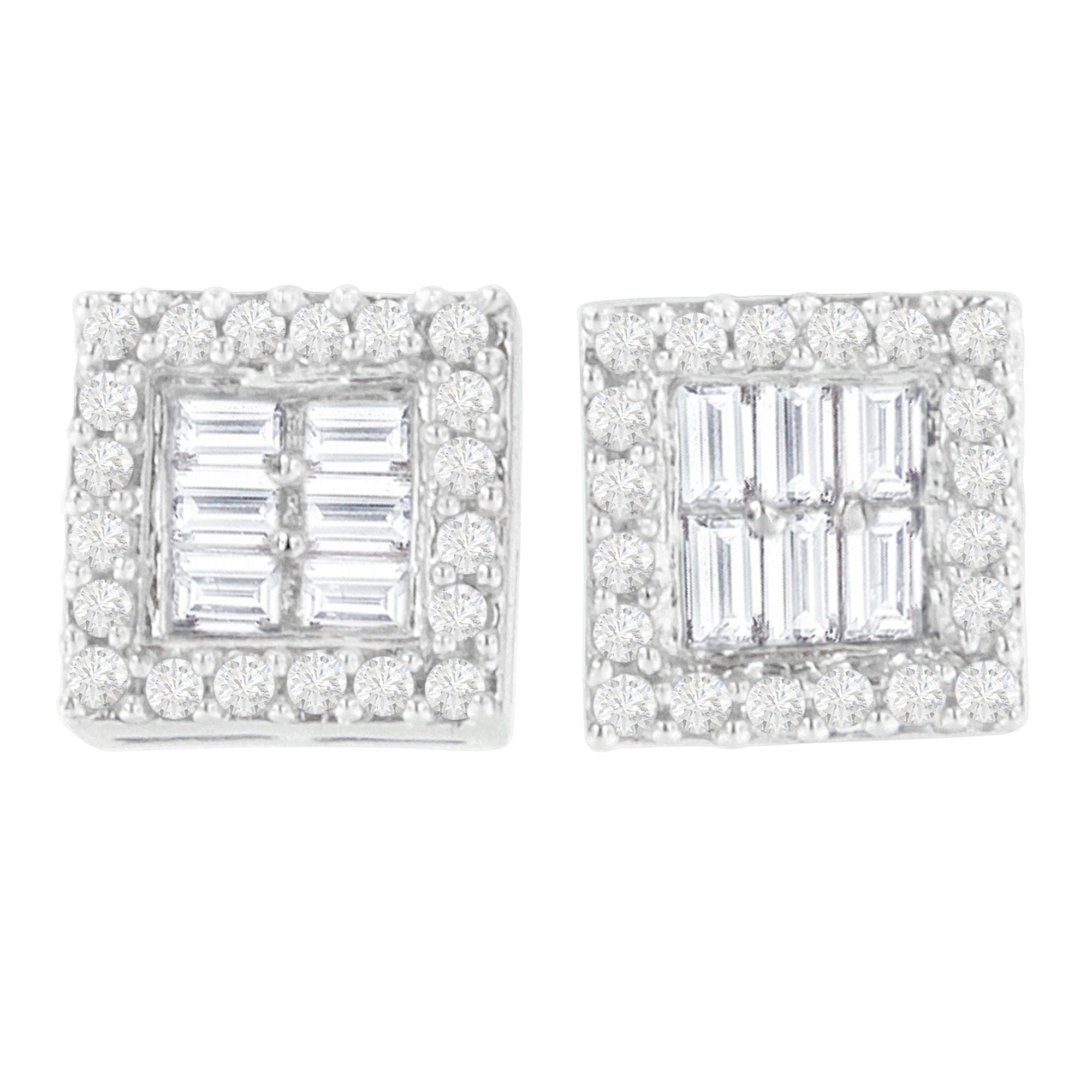 14K White Gold 1 cttw Round and Baguette Diamond Stud Earrings H-I, SI1-SI2 on sale at MyriadMart