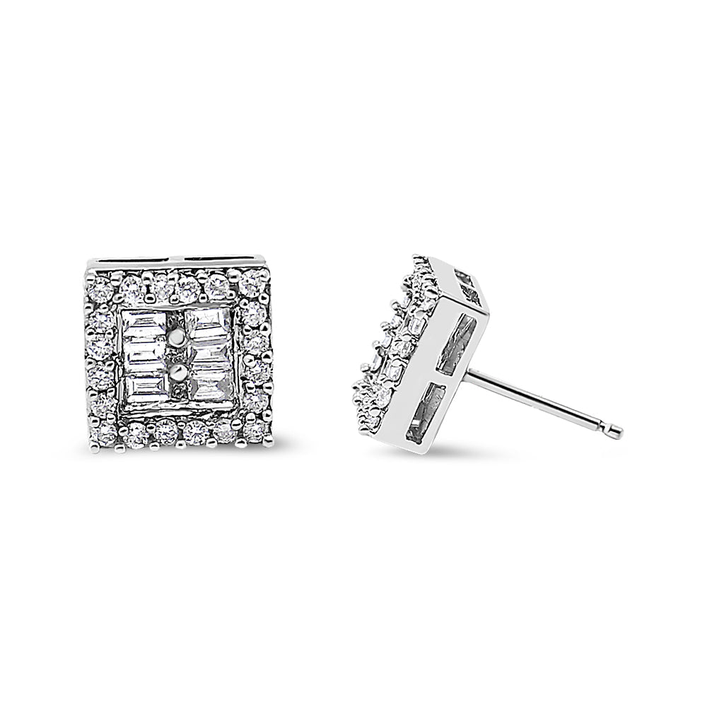 14K White Gold 1 cttw Round and Baguette Diamond Stud Earrings H-I, SI1-SI2 on sale at MyriadMart