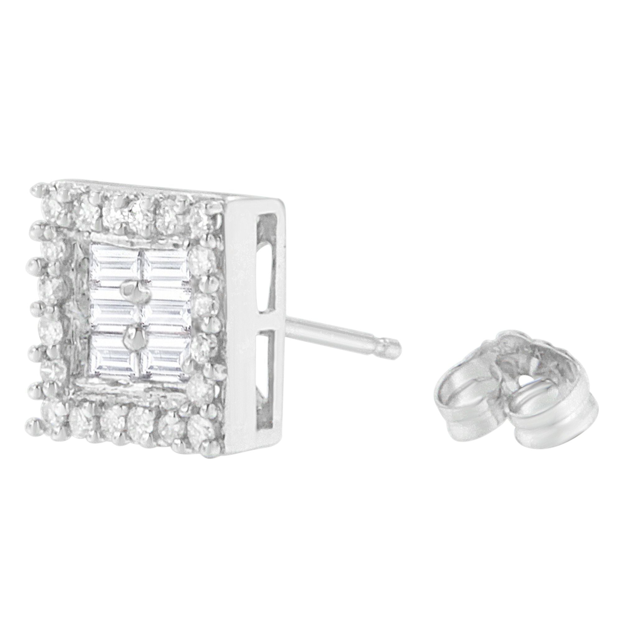 14K White Gold 1 cttw Round and Baguette Diamond Stud Earrings H-I, SI1-SI2 on sale at MyriadMart