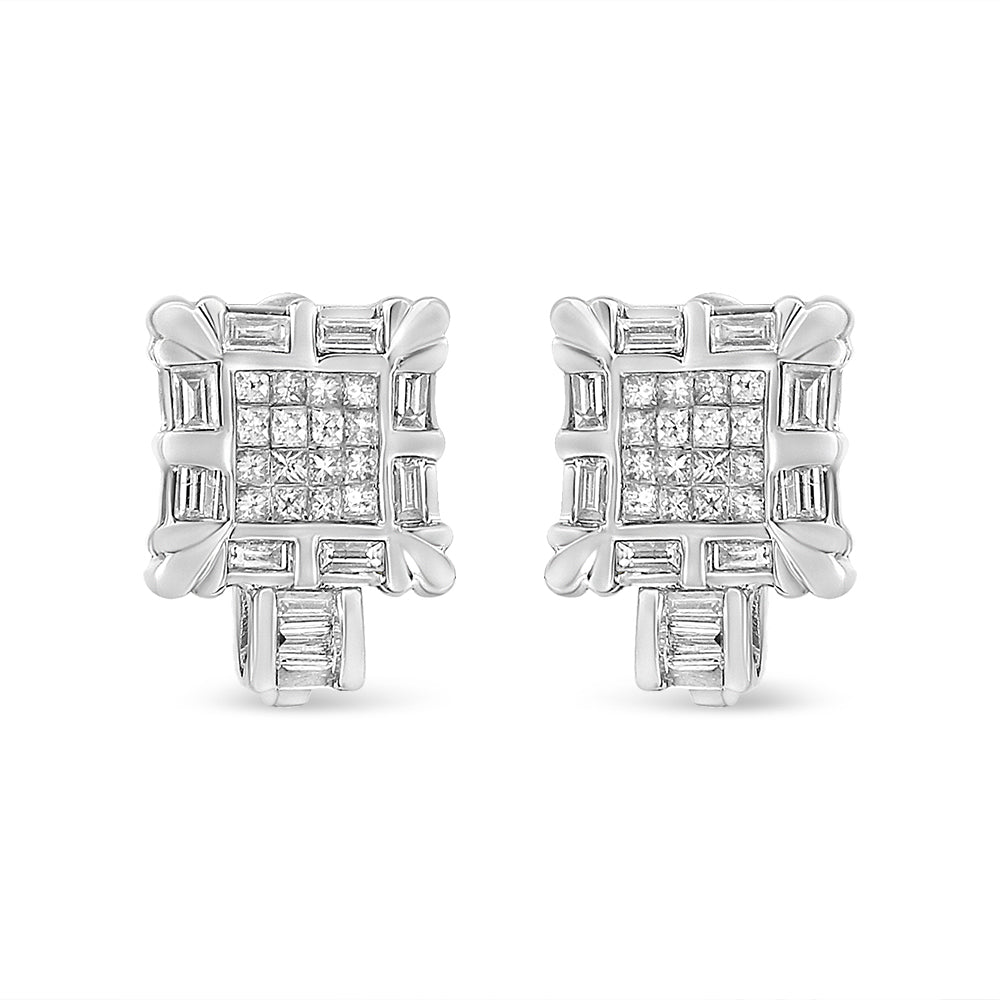 14K White Gold 1.0 Cttw Princess and Baguette-Cut Diamond Square Framed Huggie Hoop Omega Earrings H-I Color, SI1-SI2 Clarity on sale at MyriadMart