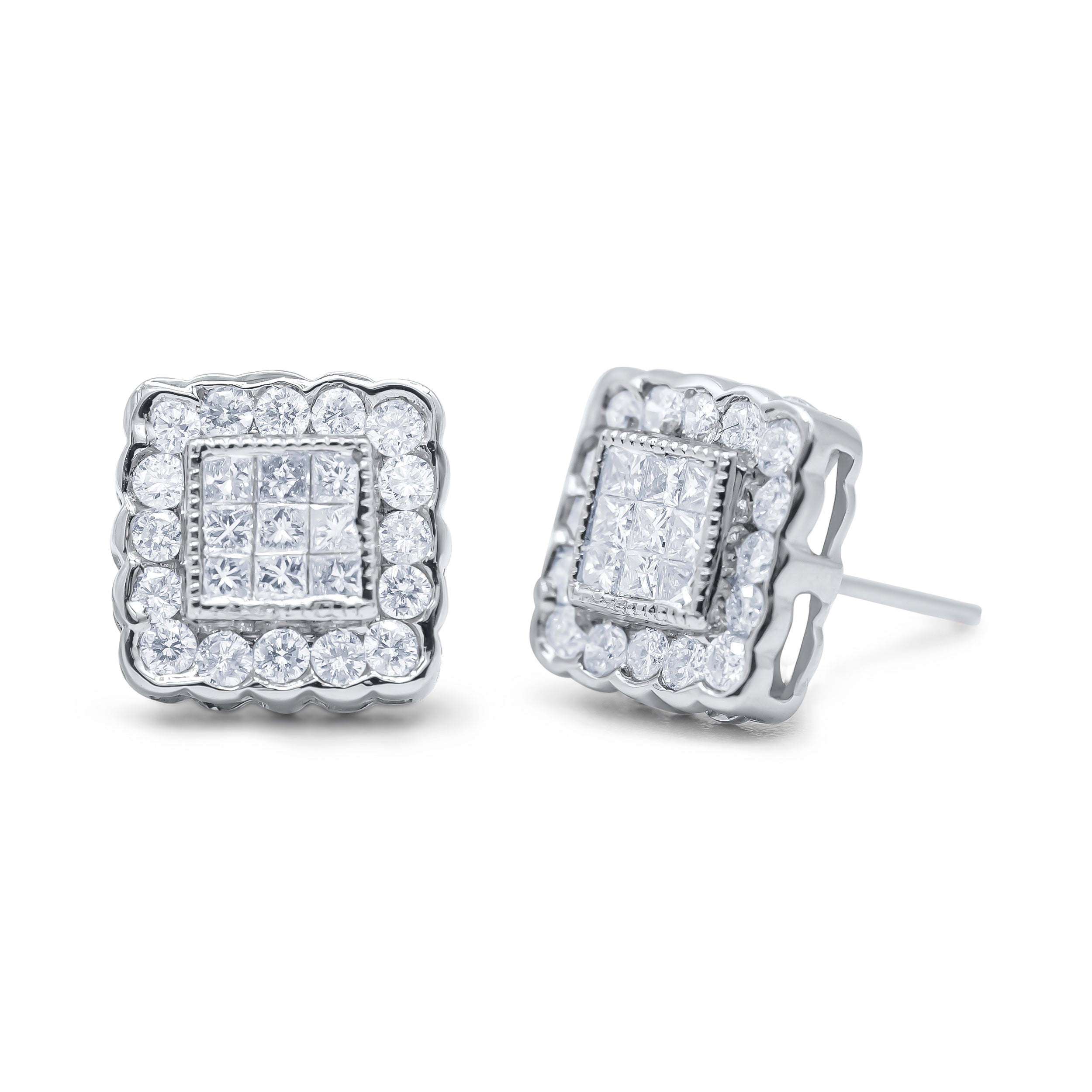 14K White Gold 1.0 Cttw Round Brilliant & Princess Cut Diamond Scallop-Edge Framed Square Halo Stud Earrings G-H Color, SI1-SI2 Clarity on sale at MyriadMart