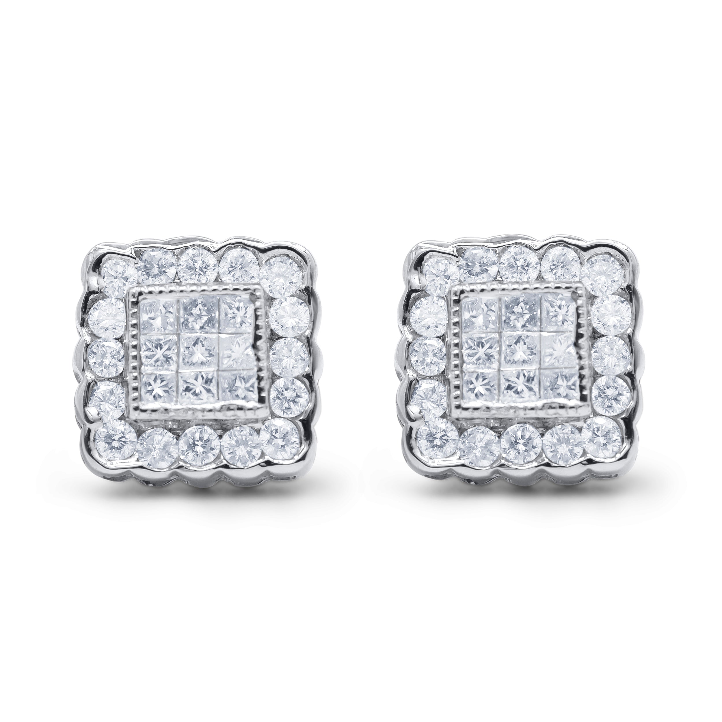 14K White Gold 1.0 Cttw Round Brilliant & Princess Cut Diamond Scallop-Edge Framed Square Halo Stud Earrings G-H Color, SI1-SI2 Clarity on sale at MyriadMart