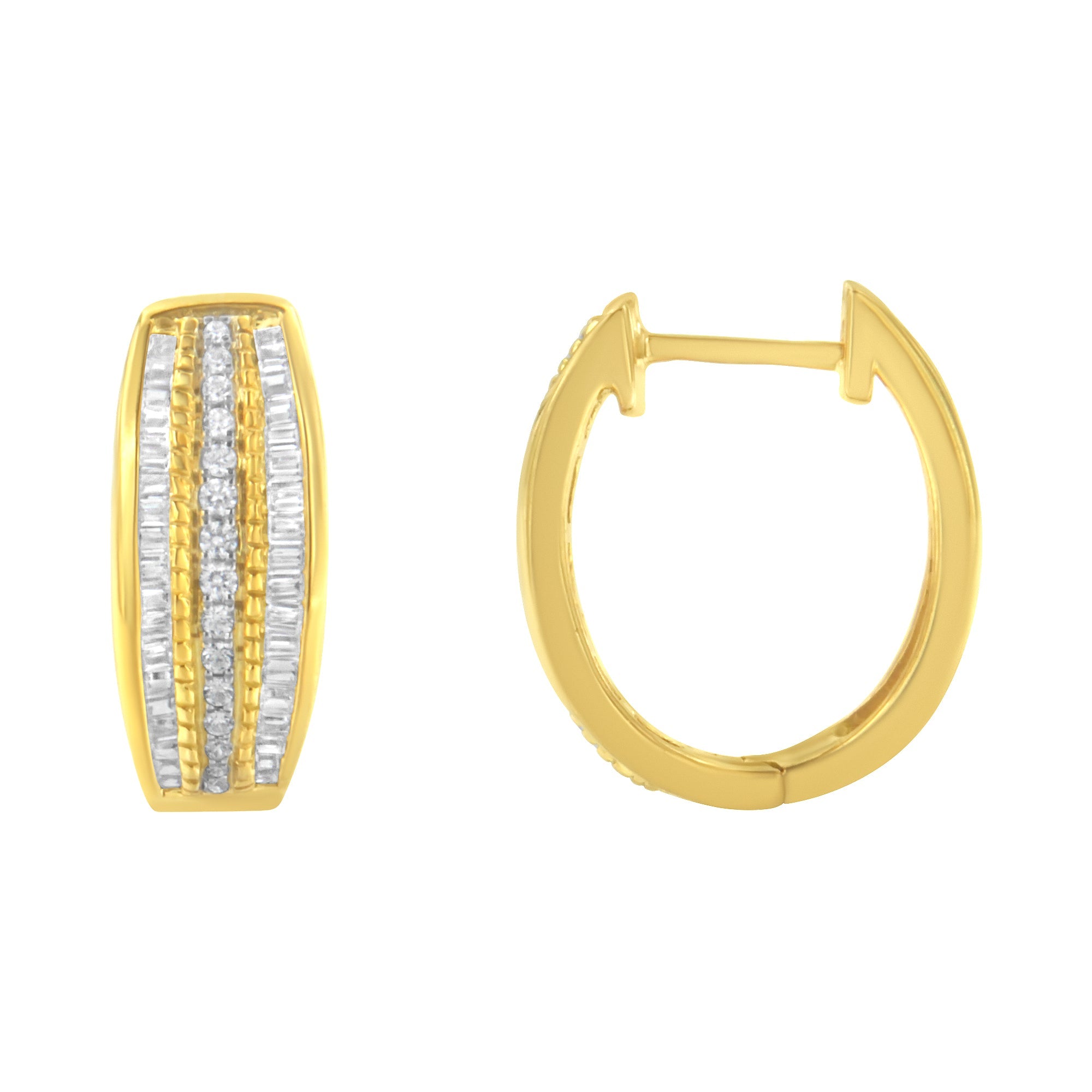 10K Yellow Gold 3/4 Cttw Pave and Channel Set Diamond Triple Row Modern Hoop Earrings I-J Color, I2-I3 Clarity on sale at MyriadMart
