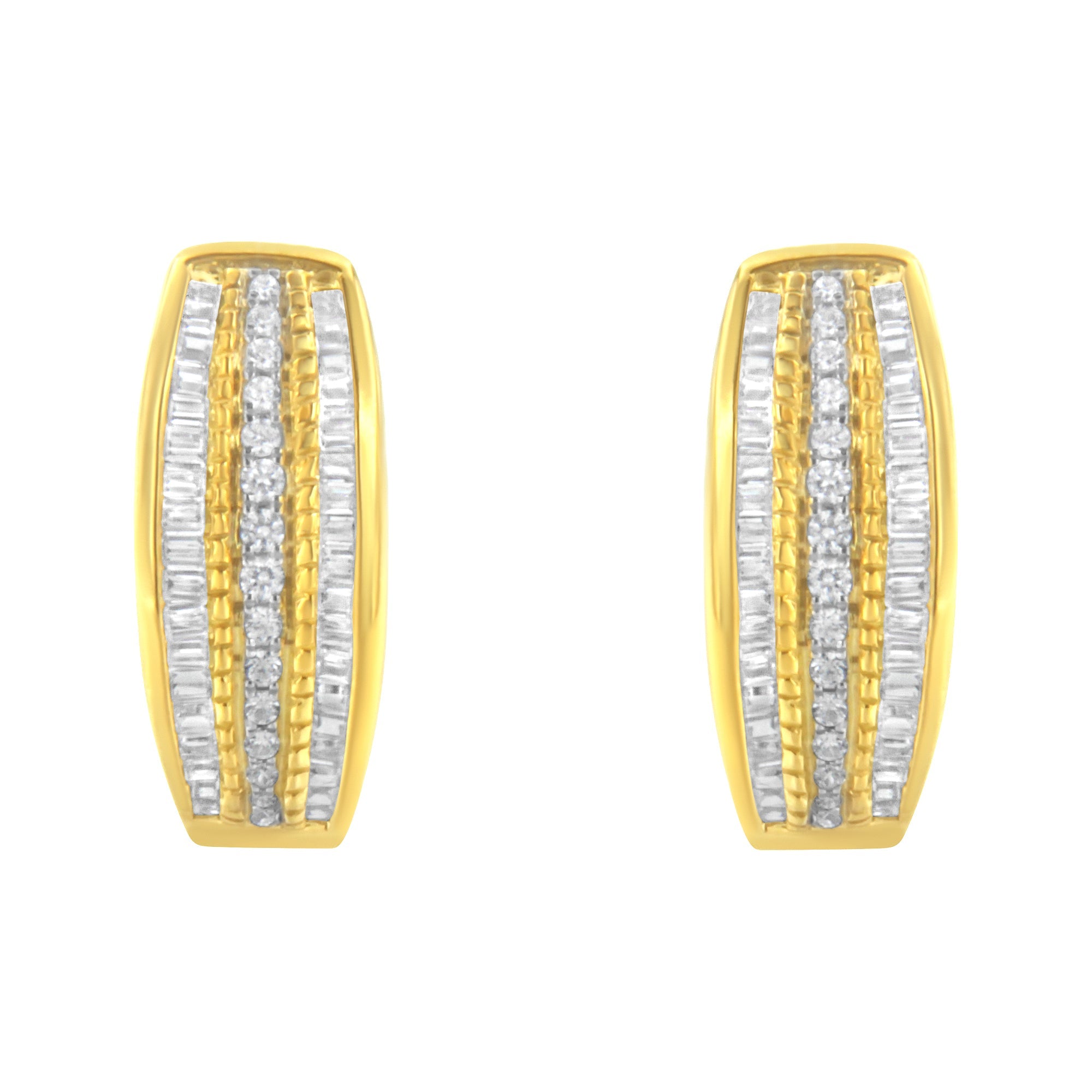 10K Yellow Gold 3/4 Cttw Pave and Channel Set Diamond Triple Row Modern Hoop Earrings I-J Color, I2-I3 Clarity on sale at MyriadMart