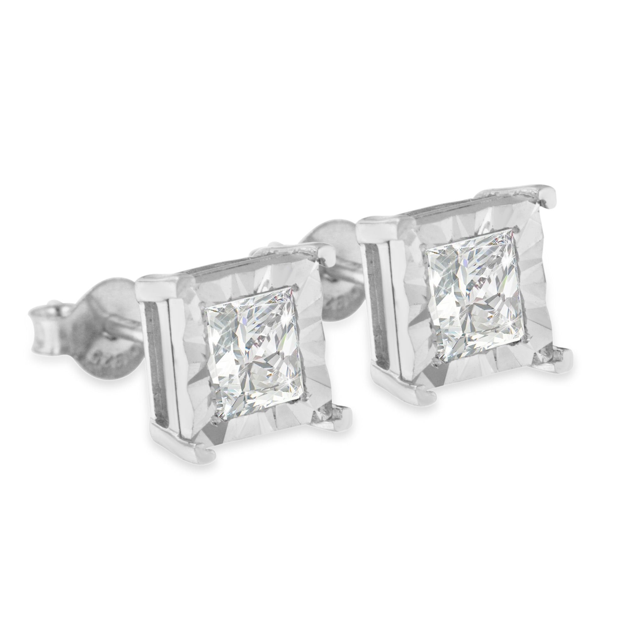 .925 Sterling Silver 1.0 Cttw Miracle Set Princess-cut Diamond Solitaire Stud Earrings H-I Color, I2-I3 Clarity on sale at MyriadMart