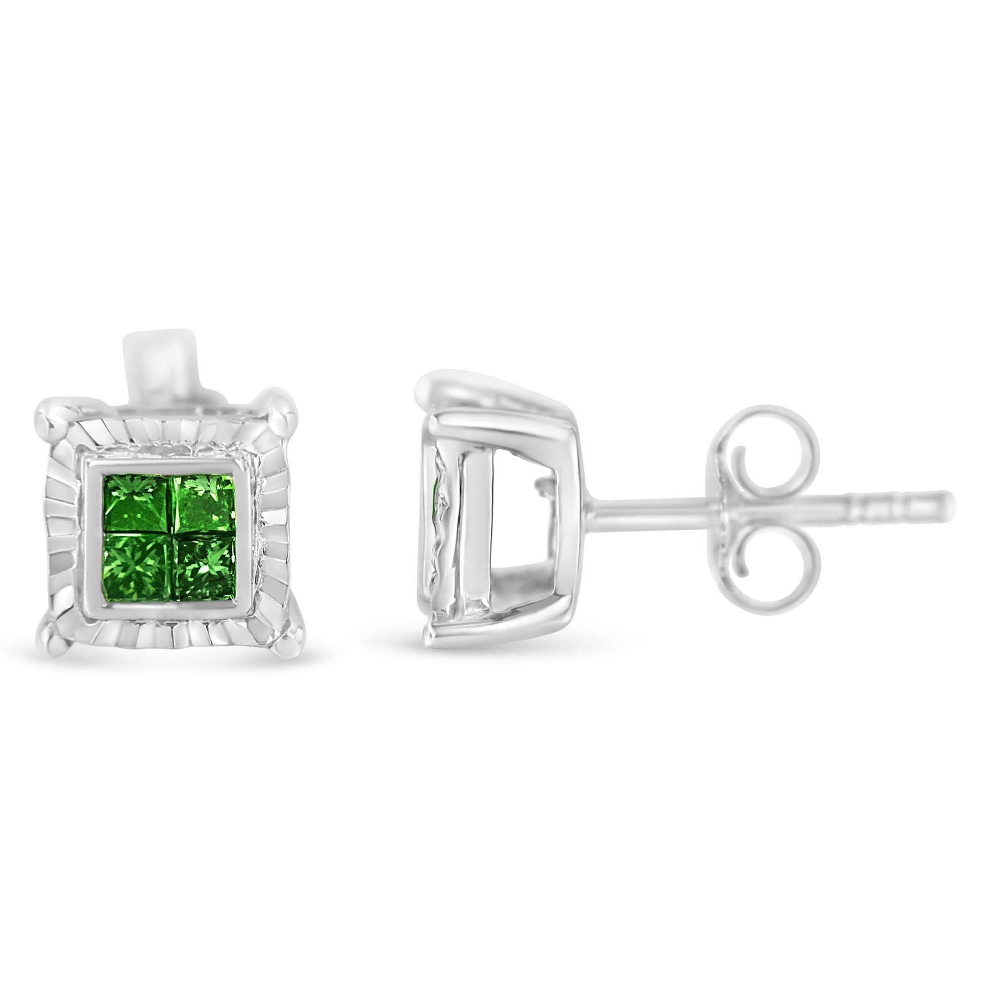 Sterling Silver Color Treated Princess Diamond Quad Stud Earring 1/2 cttw, Green Color, I1-I2 Clarity on sale at MyriadMart