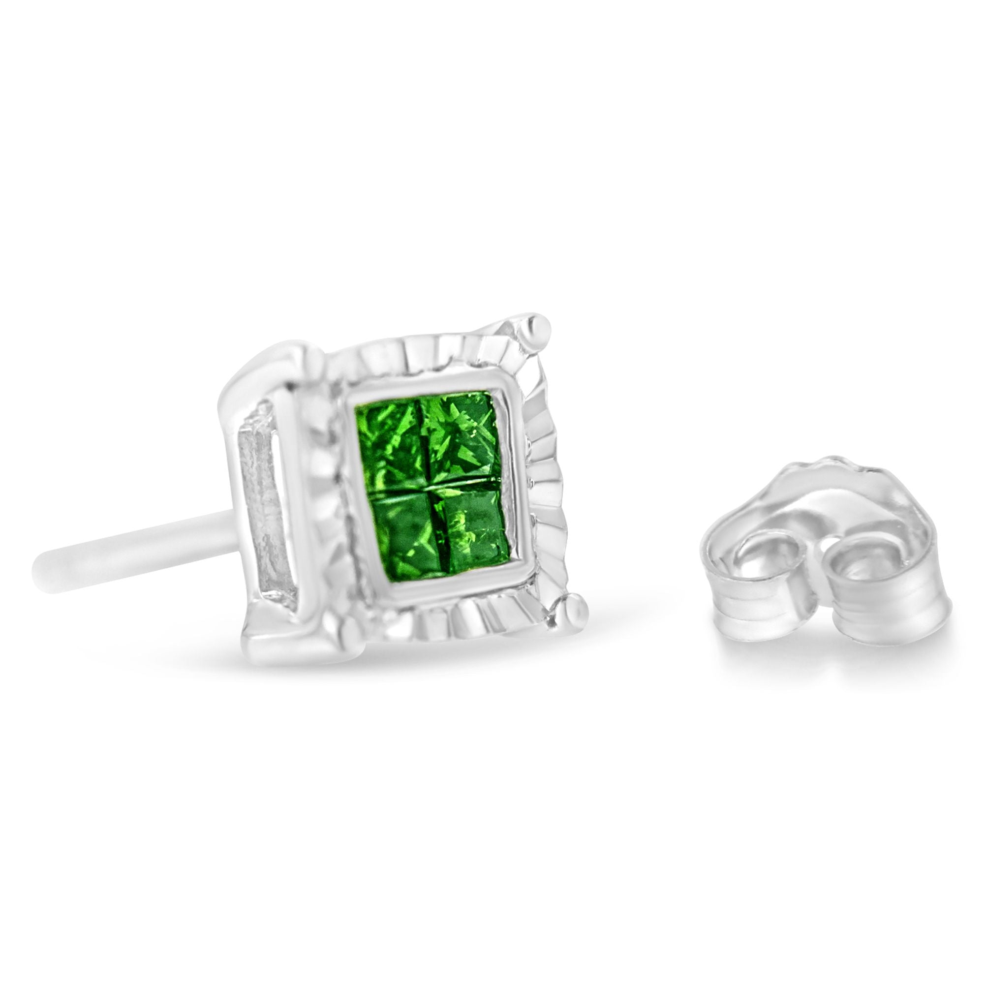 Sterling Silver Color Treated Princess Diamond Quad Stud Earring 1/2 cttw, Green Color, I1-I2 Clarity on sale at MyriadMart