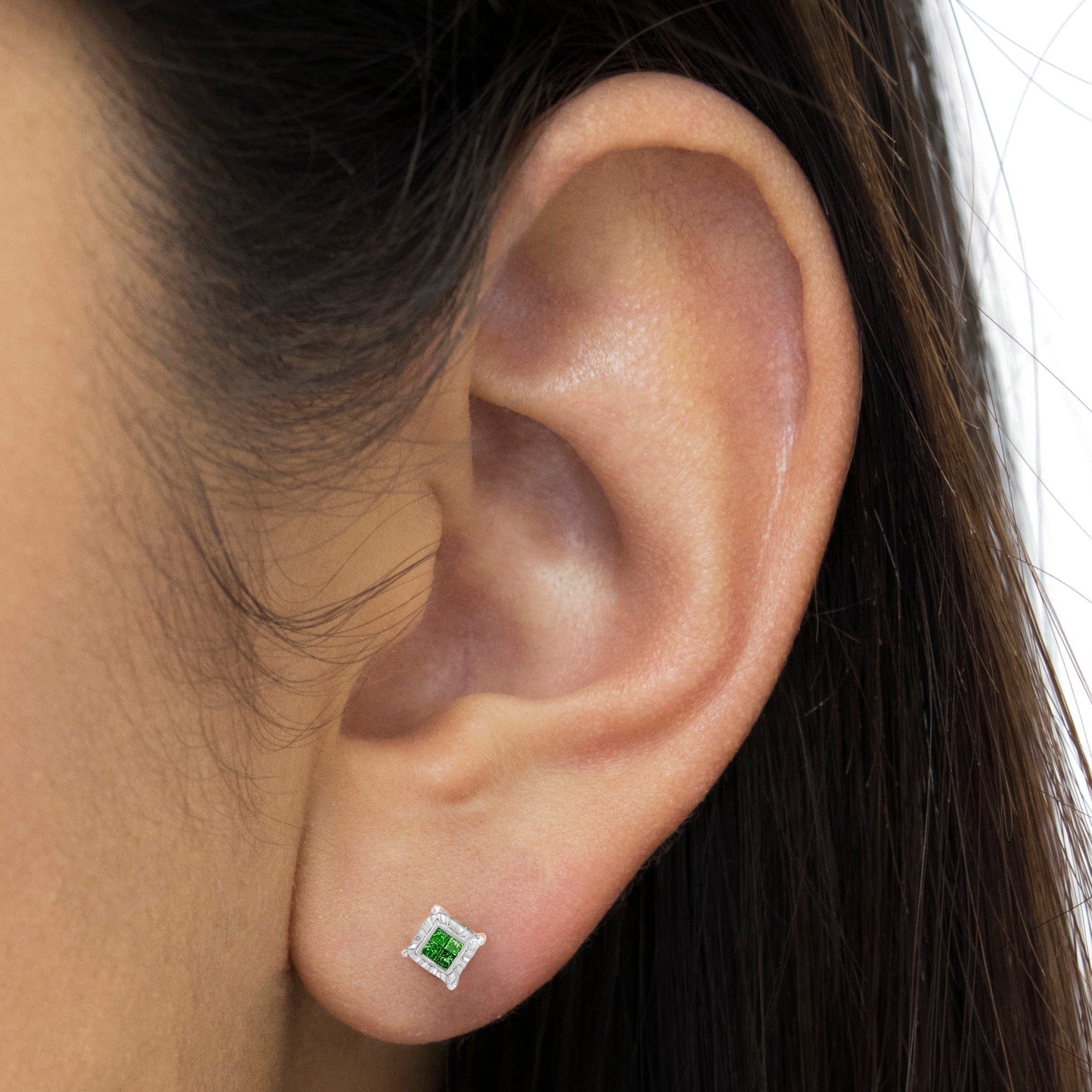 Sterling Silver Color Treated Princess Diamond Quad Stud Earring 1/2 cttw, Green Color, I1-I2 Clarity on sale at MyriadMart