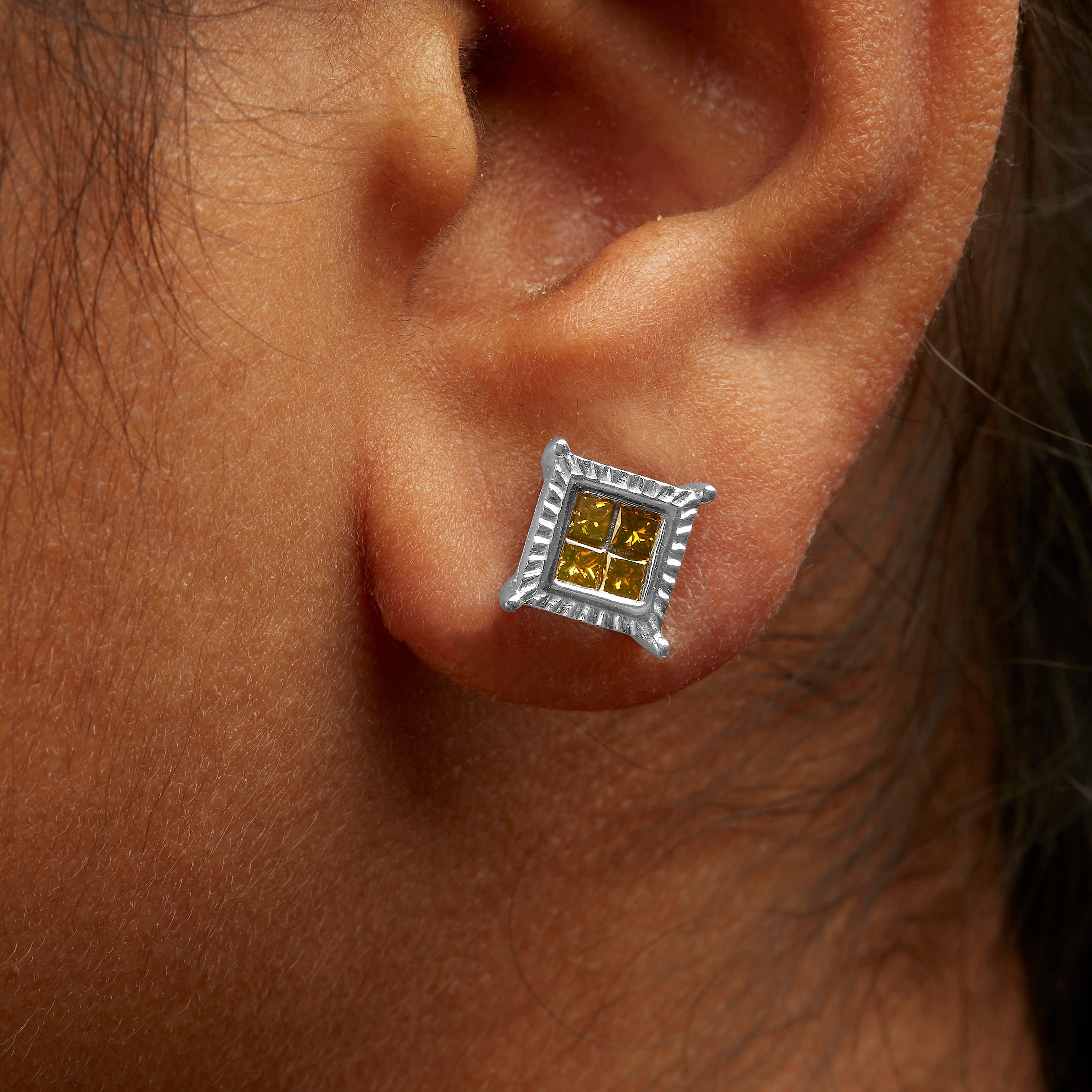 .925 Sterling Silver 1/2 Cttw Yellow Princess Diamond Quad Stud Earring on sale at MyriadMart