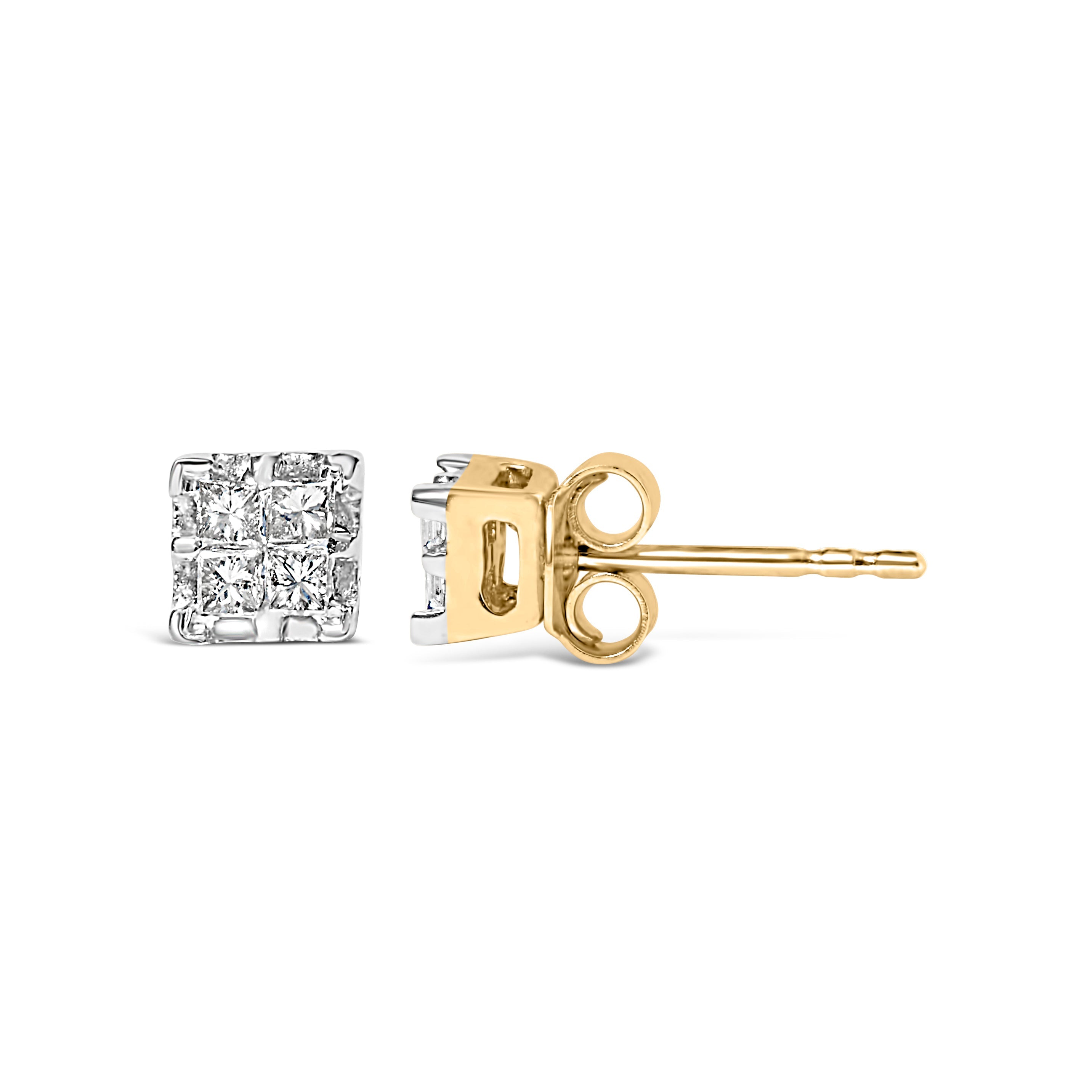 10k Yellow Gold Princess Diamond Quad Stud Earrings 1/4 cttw, J-K Color, I2-I3 Clarity on sale at MyriadMart