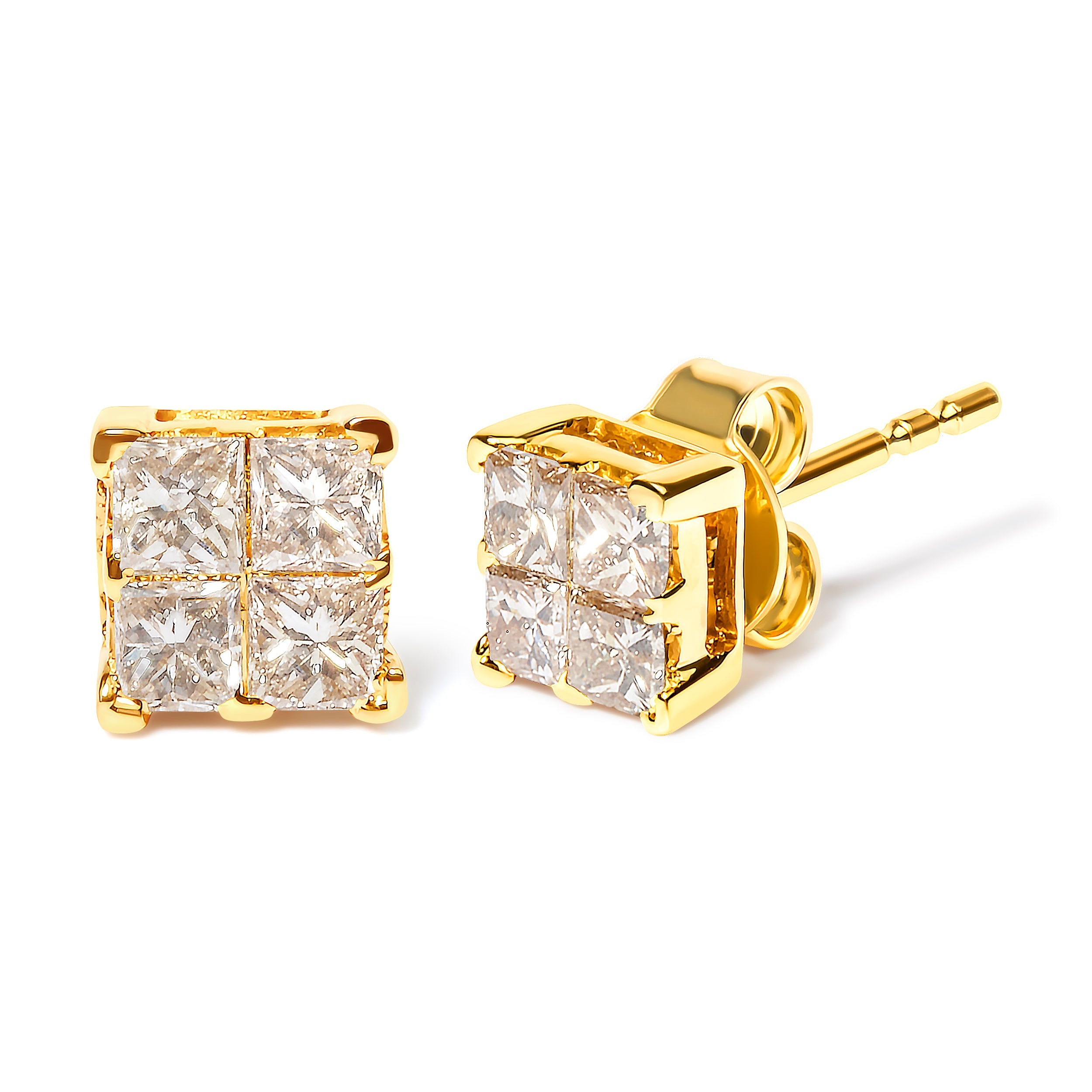 10K Yellow Gold 3/4 Cttw Invisible Set Princess-Cut Diamond Composite Square Stud Earrings I-J Color, I2-I3 Clarity on sale at MyriadMart