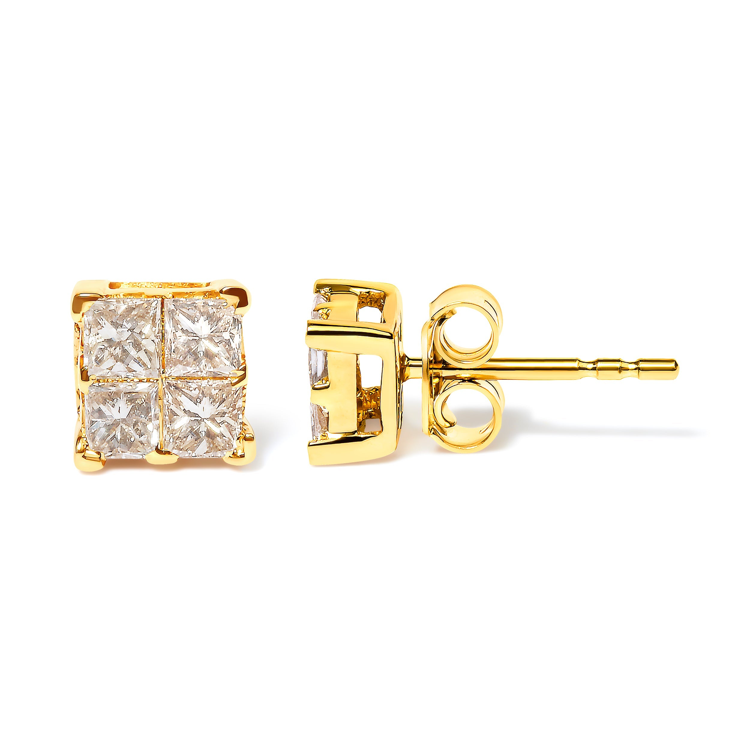 10K Yellow Gold 3/4 Cttw Invisible Set Princess-Cut Diamond Composite Square Stud Earrings I-J Color, I2-I3 Clarity on sale at MyriadMart