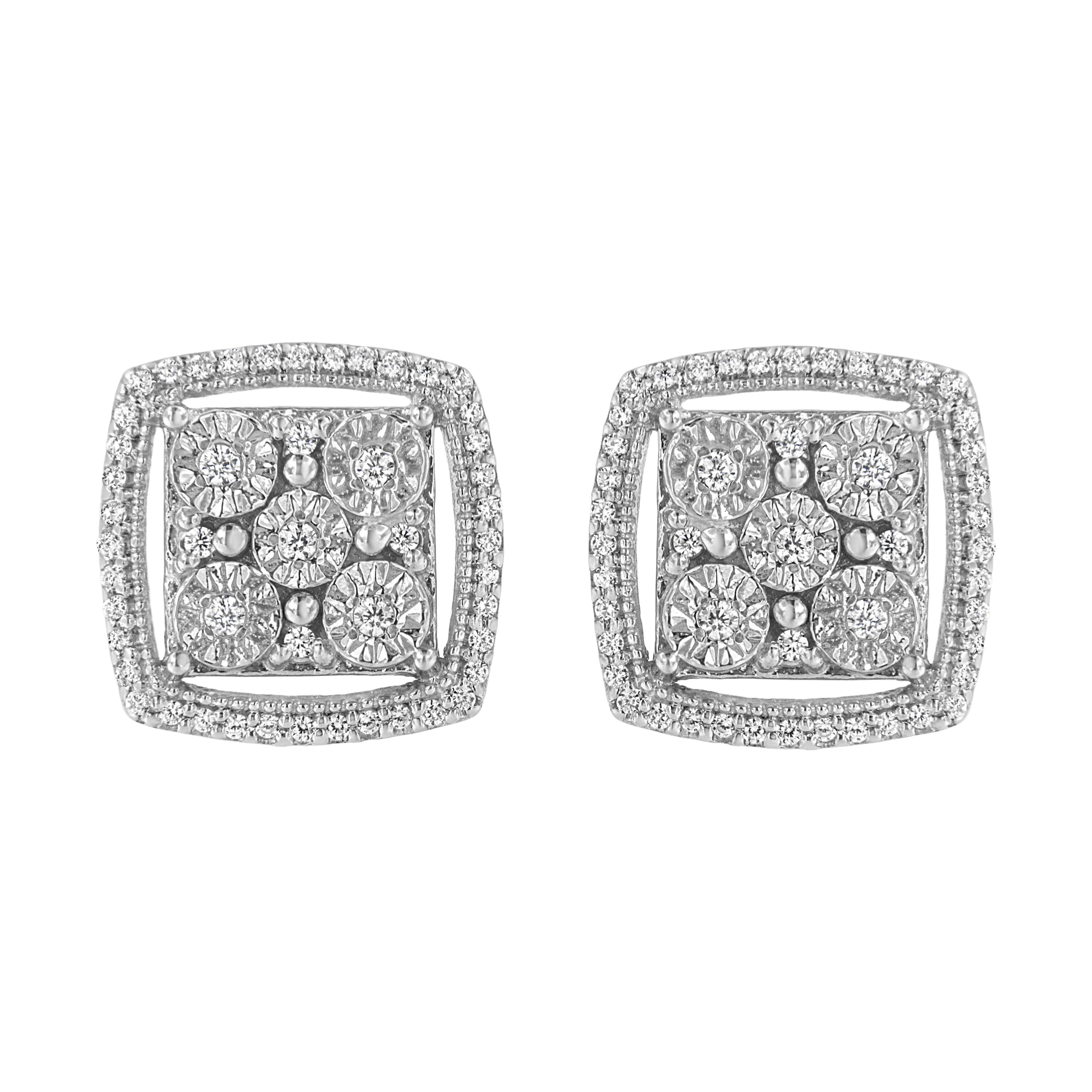 .925 Sterling Silver 3/8 Cttw Miracle Set Round Diamond Double Halo Cluster Earrings I-J Color, I2-I3 Clarity on sale at MyriadMart