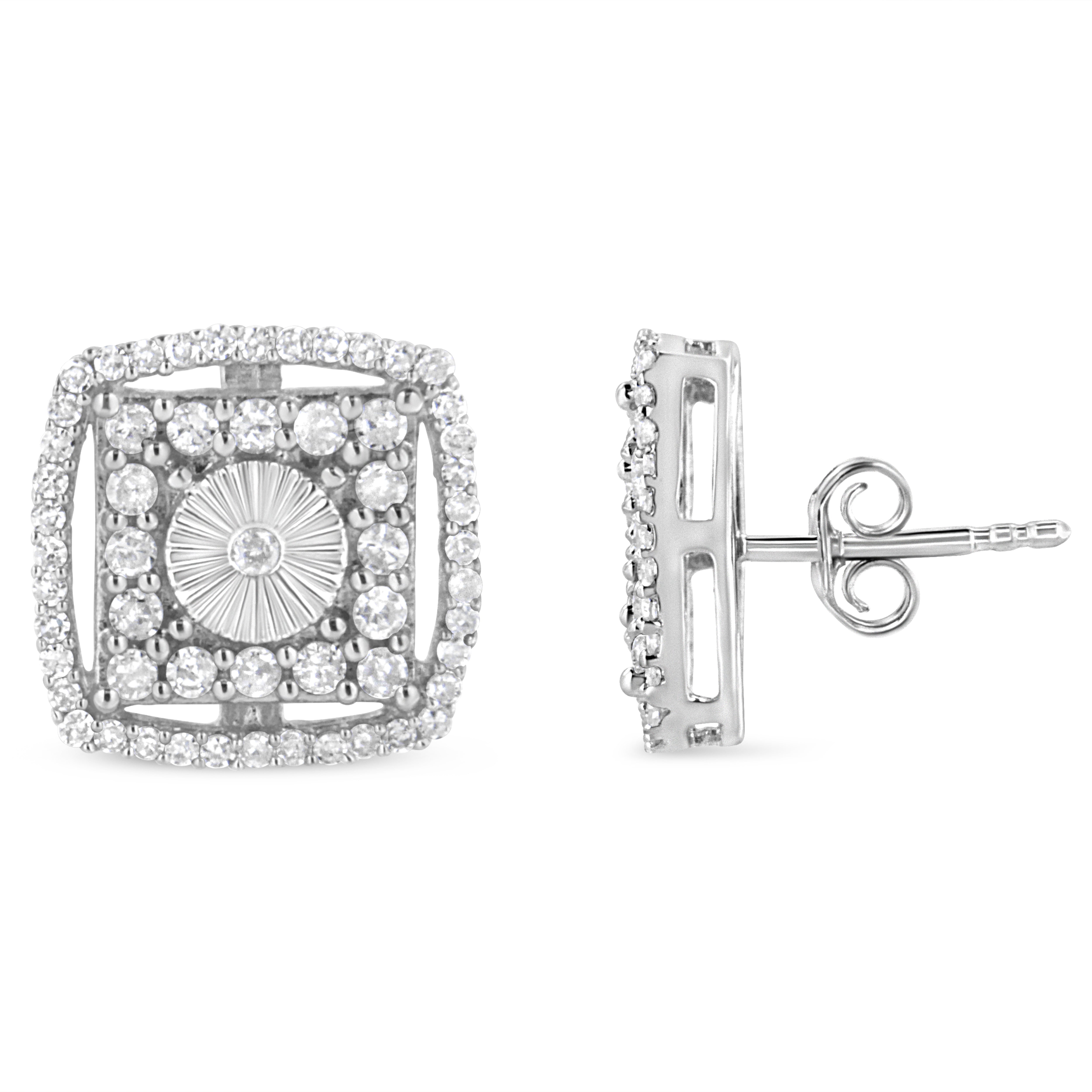 .925 Sterling Silver 1.0 Cttw Round Diamond Double Halo and Disc Stud Earring I-J Color, I2-I3 Clarity on sale at MyriadMart