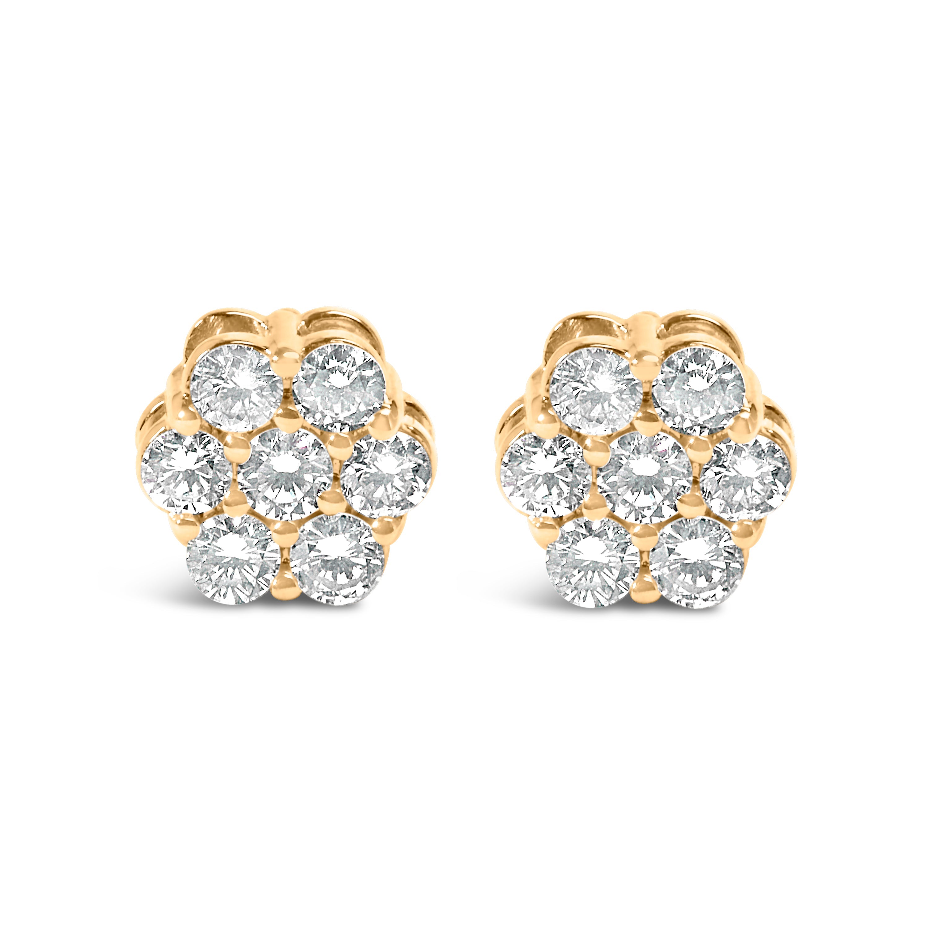 14K Yellow Gold 3/4 Cttw 7 Stone Floral Cluster Round Brilliant Cut Diamond Stud Earrings with Screw Backs I-J Color, SI2-I1 Clarity on sale at MyriadMart