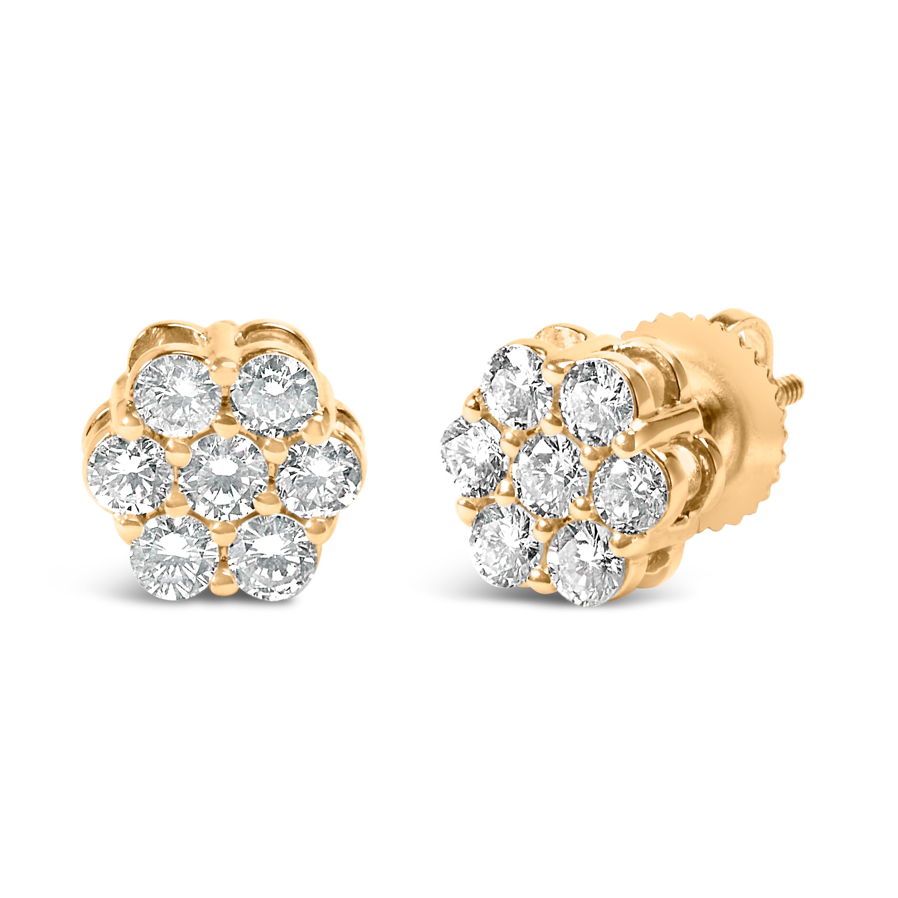 14K Yellow Gold 3/4 Cttw 7 Stone Floral Cluster Round Brilliant Cut Diamond Stud Earrings with Screw Backs I-J Color, SI2-I1 Clarity on sale at MyriadMart