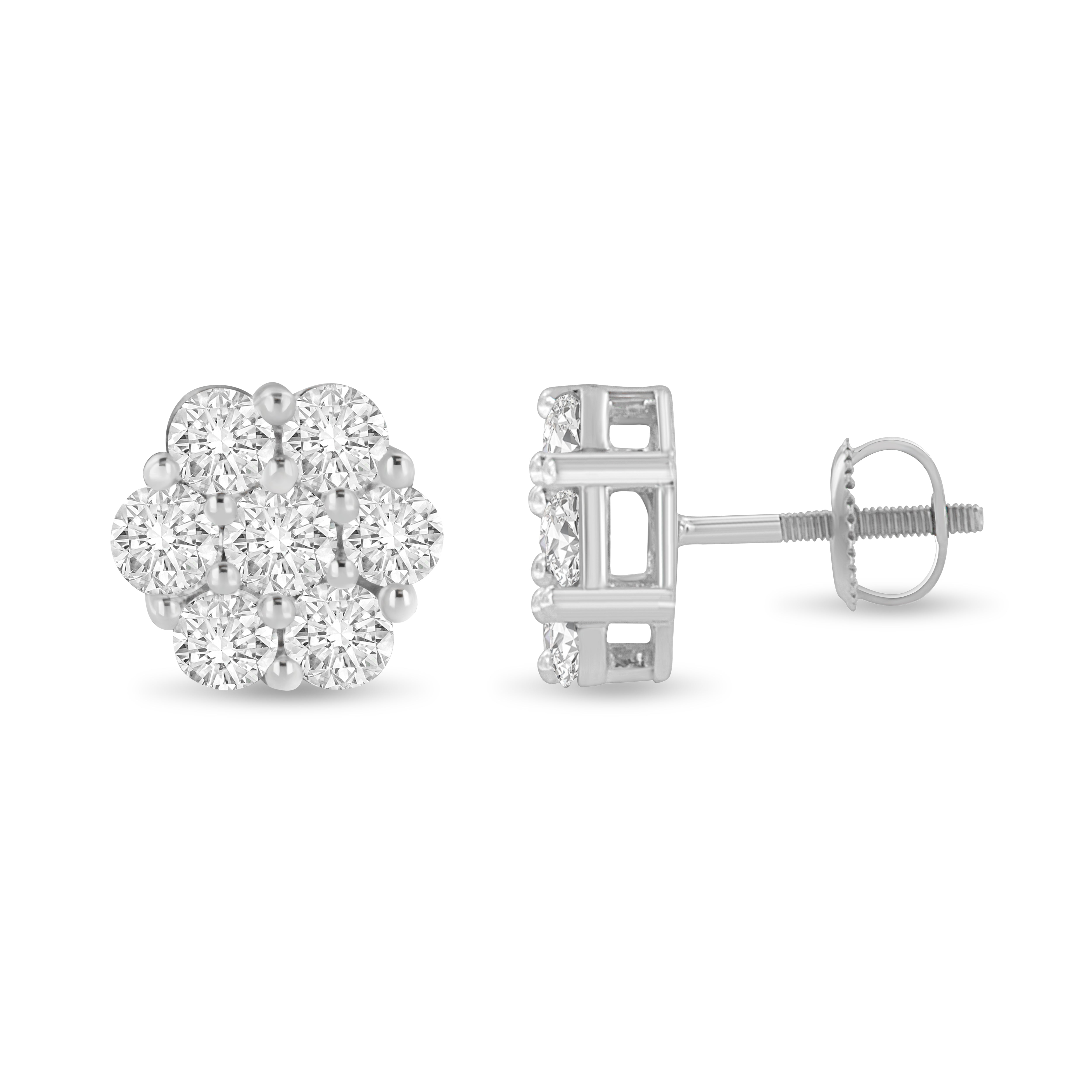 14K White Gold 3 cttw Prong Set Round-Cut Diamond Floral Cluster Stud Earring I-J Color, SI1-SI2 Clarity on sale at MyriadMart