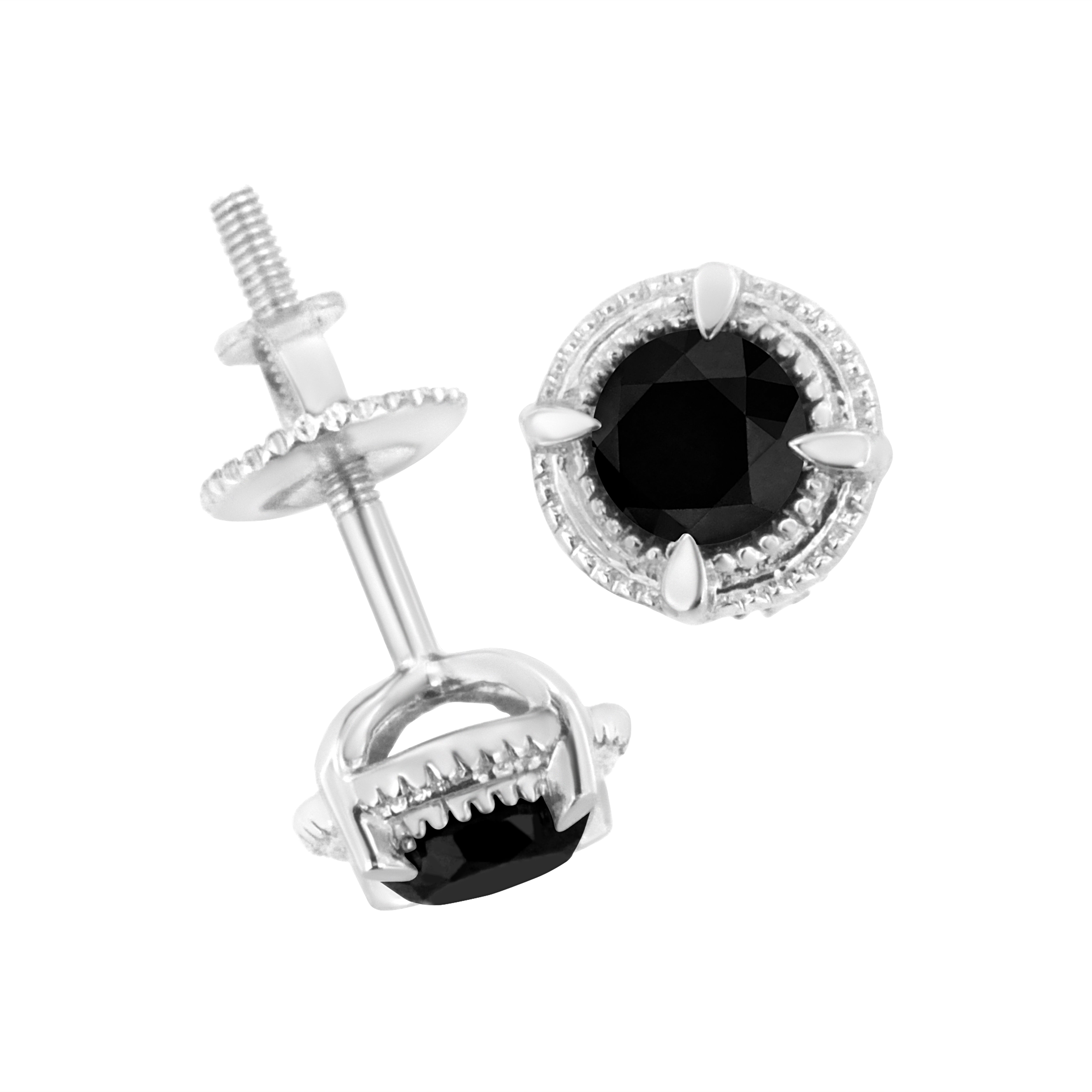 .925 Sterling Silver 1 cttw Treated Black Diamond Modern 4-Prong Solitaire Milgrain Stud Earrings Black Color, I1-I2 Clarity on sale at MyriadMart