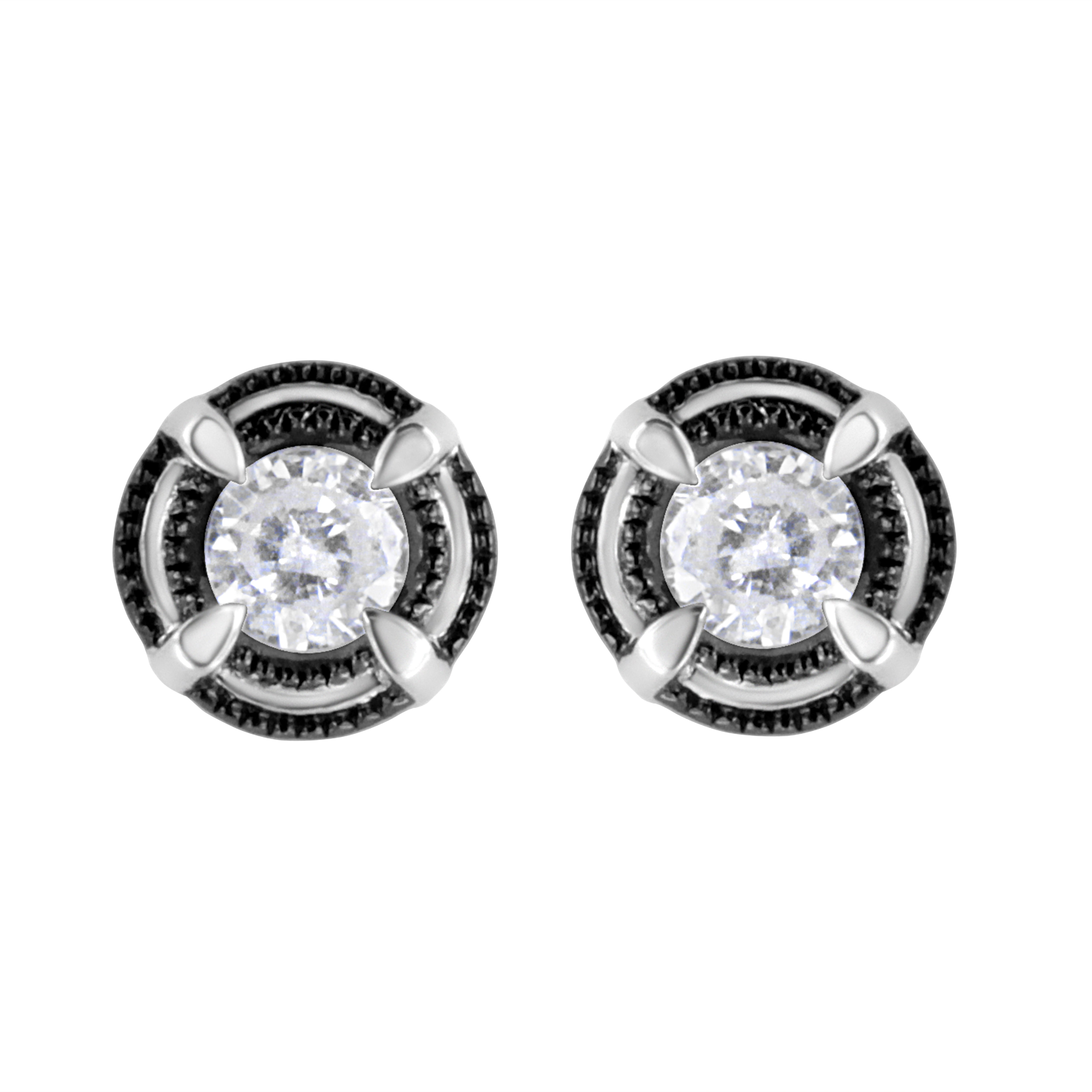 Black Rhodium Plated .925 Sterling Silver Round 1-1/2 cttw Diamond Double Halo 4-Prong Solitaire Milgrain Stud Earrings H-I Color, I2-I3 Clarity on sale at MyriadMart
