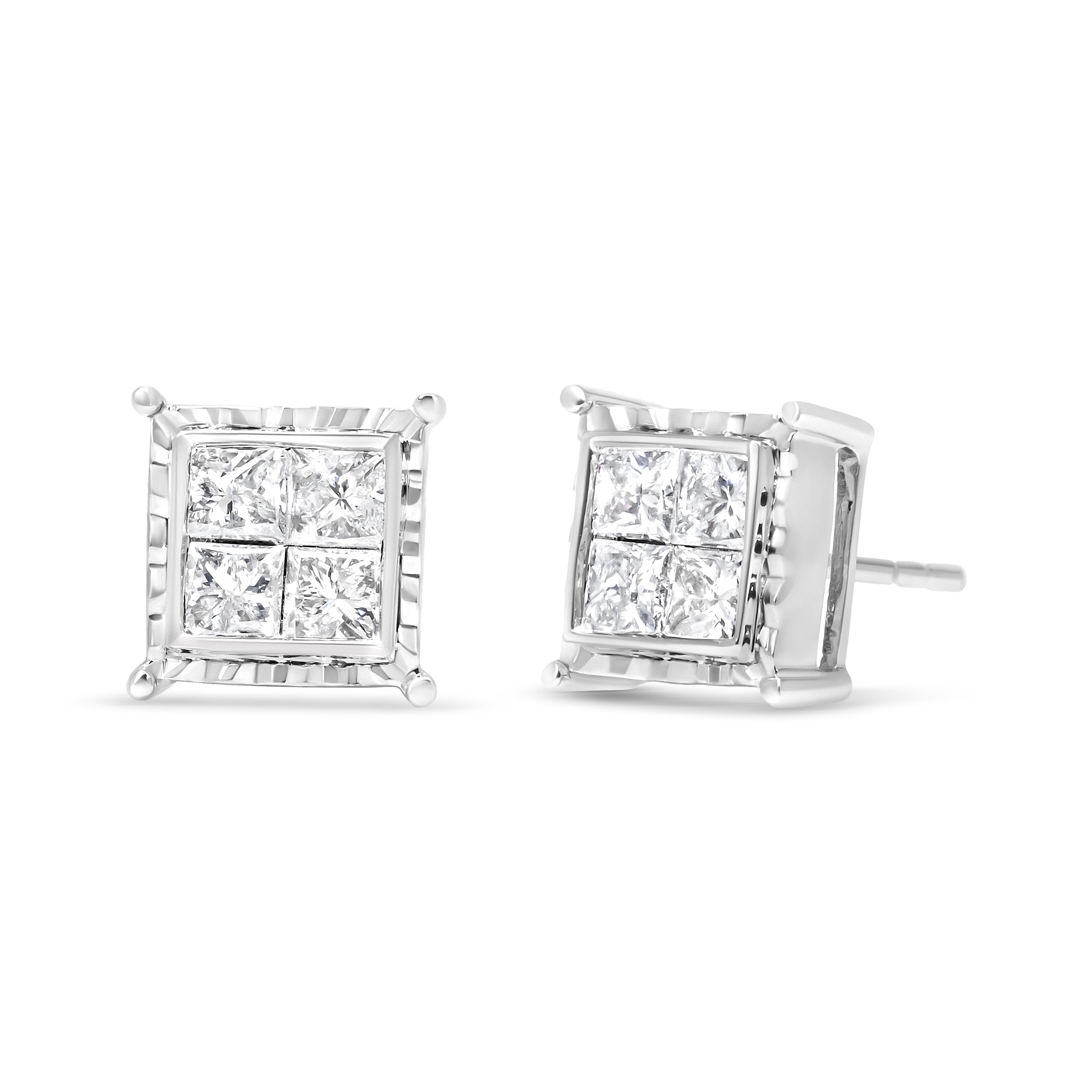 14K White Gold 1 1/2 Cttw Invisible Set Princess-Cut Diamond Contemporary Wavy Quad Stud Earrings I-J Color, I1-I2 Clarity on sale at MyriadMart