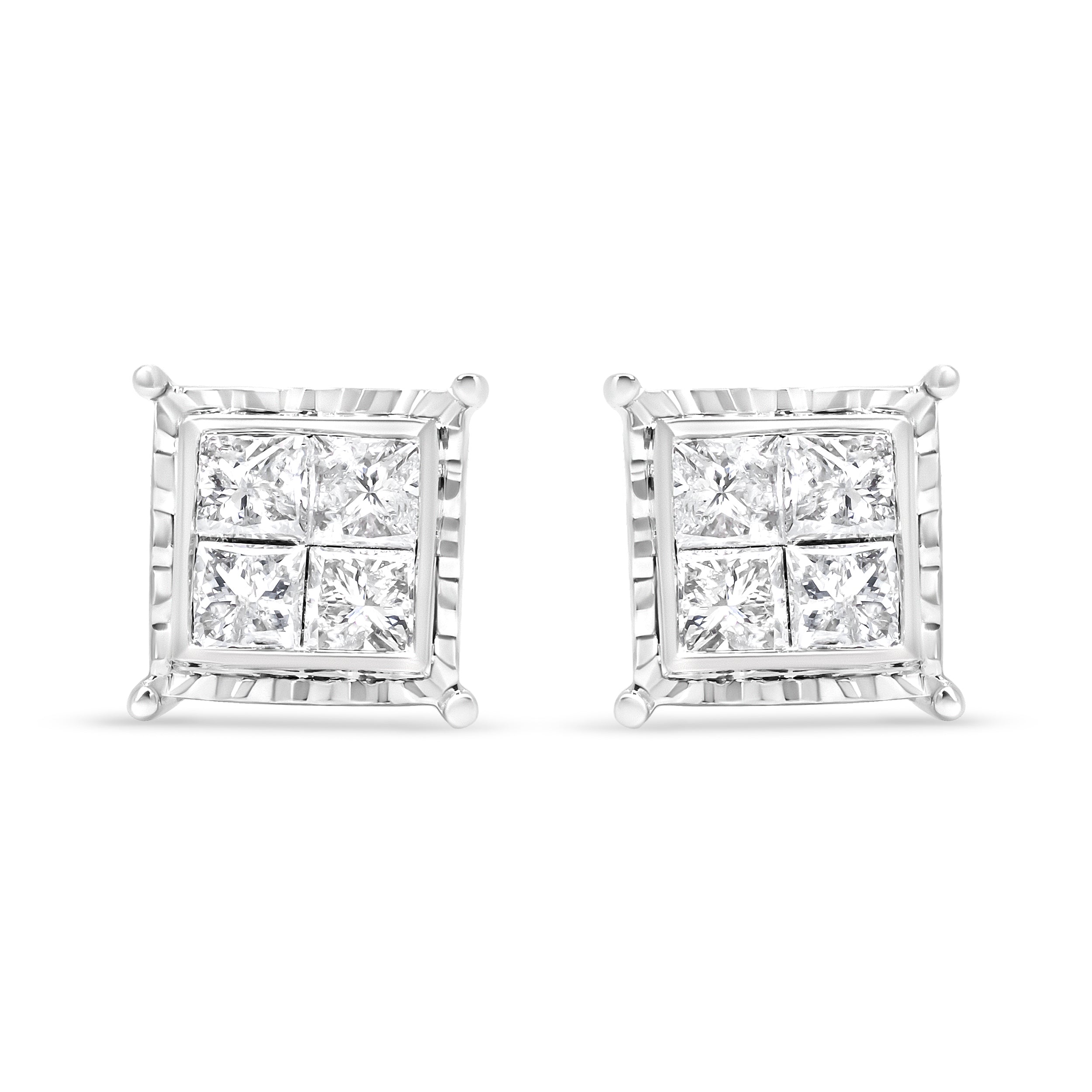 14K White Gold 1 1/2 Cttw Invisible Set Princess-Cut Diamond Contemporary Wavy Quad Stud Earrings I-J Color, I1-I2 Clarity on sale at MyriadMart