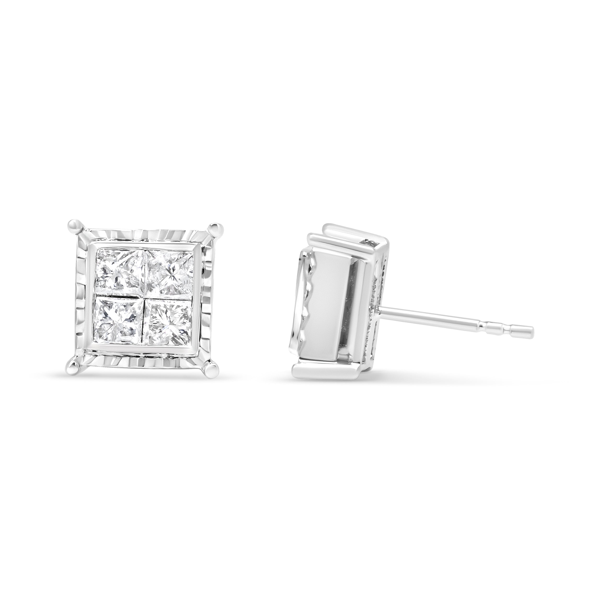 14K White Gold 1 1/2 Cttw Invisible Set Princess-Cut Diamond Contemporary Wavy Quad Stud Earrings I-J Color, I1-I2 Clarity on sale at MyriadMart