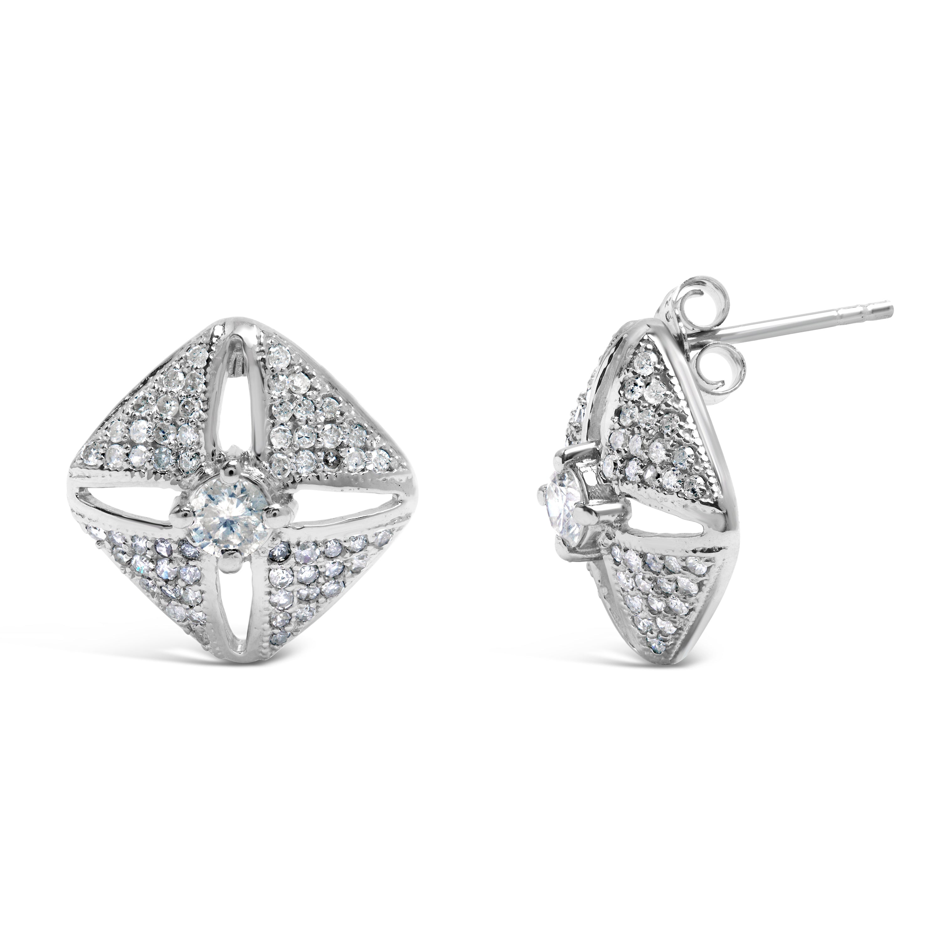.925 Sterling Silver 1.0 Cttw Diamond Studded Rhombus Stud Earring H-I Color, I2-I3 Clarity on sale at MyriadMart