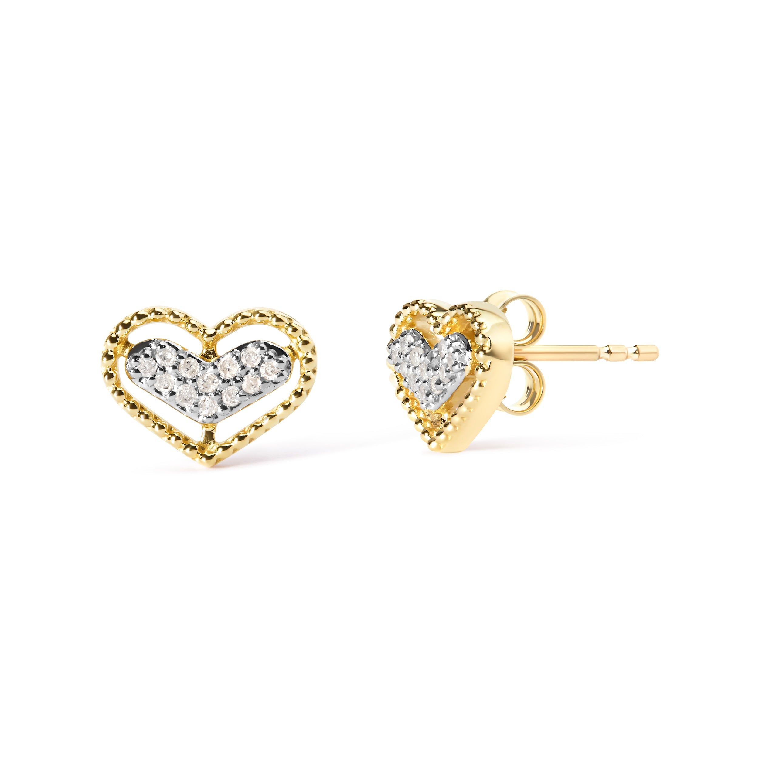 10K Yellow Gold 1/10 Cttw Diamond Heart and Beaded Halo Stud Earrings I-J Color, I1-I2 Clarity on sale at MyriadMart
