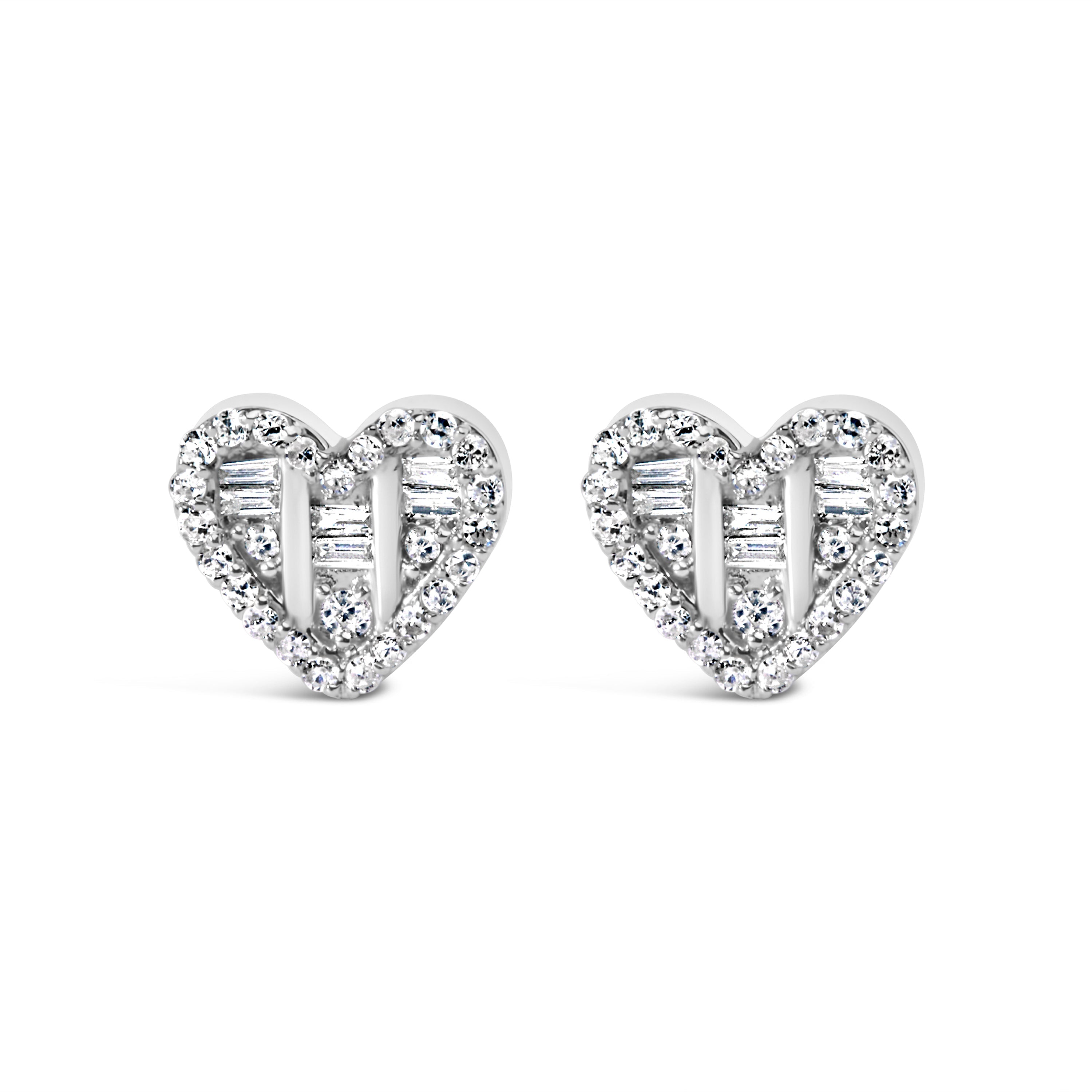 14K Yellow Gold Plated .925 Sterling Silver 1/2 Cttw Round and Baguette Diamond Composite Heart Shaped Stud Earring I-J Color, SI2-I1 Clarity on sale at MyriadMart