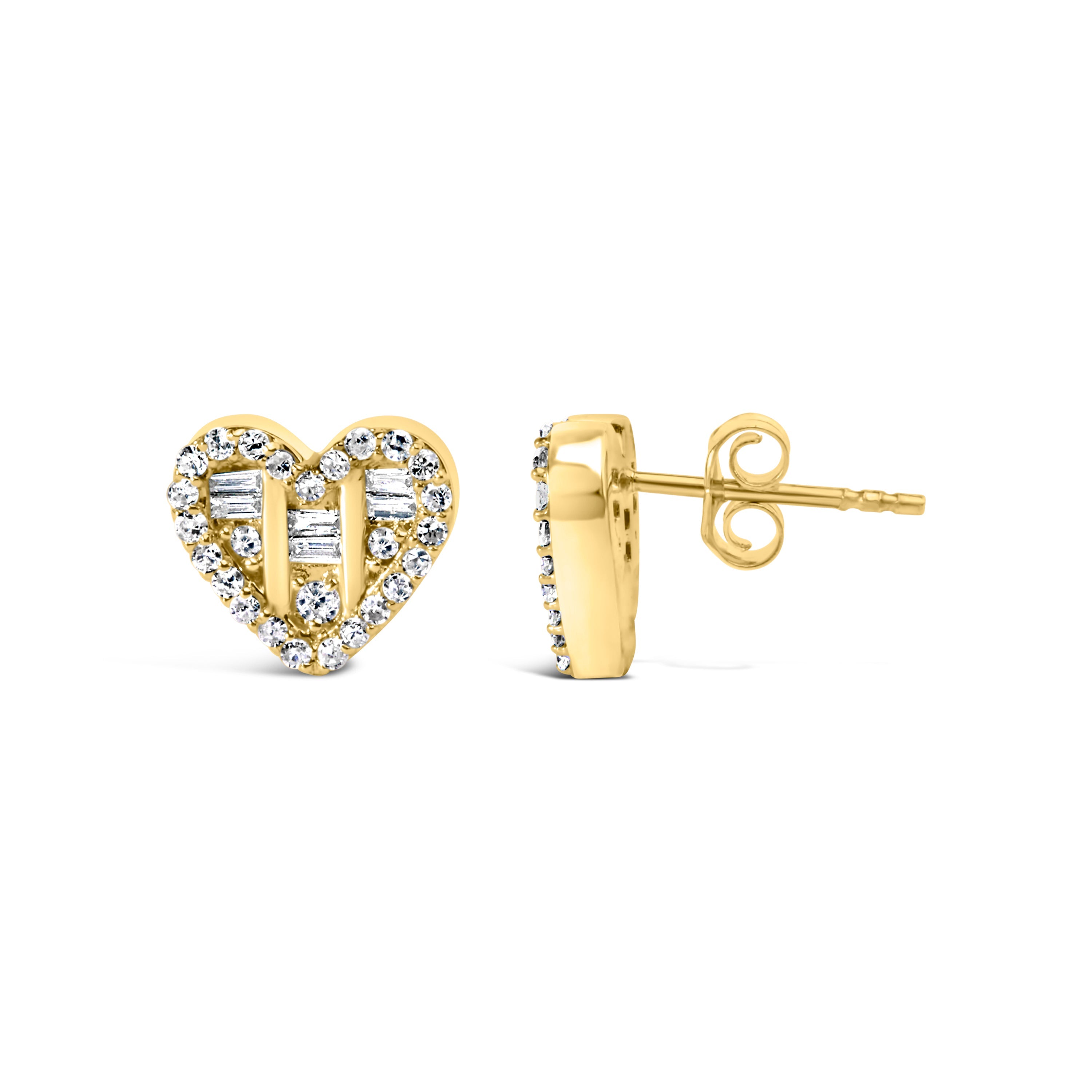 14K Yellow Gold Plated .925 Sterling Silver 1/2 Cttw Round and Baguette Diamond Composite Heart Shaped Stud Earring I-J Color, SI2-I1 Clarity on sale at MyriadMart