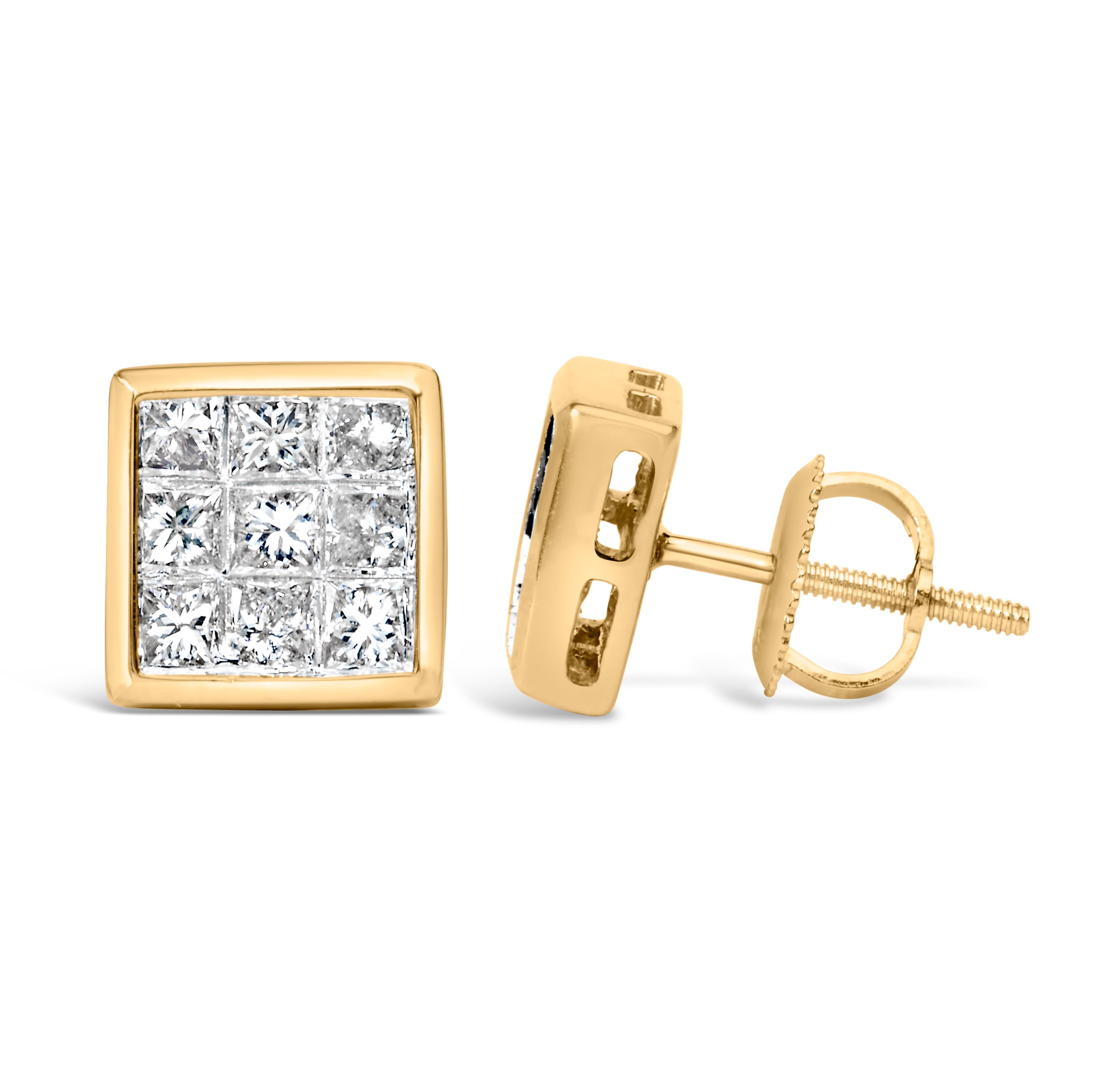 14K Yellow Gold 1.0 Cttw Princess Cut Diamond Composite Stud Earrings with Screw Backs J-K Color, SI1-SI2 Clarity on sale at MyriadMart