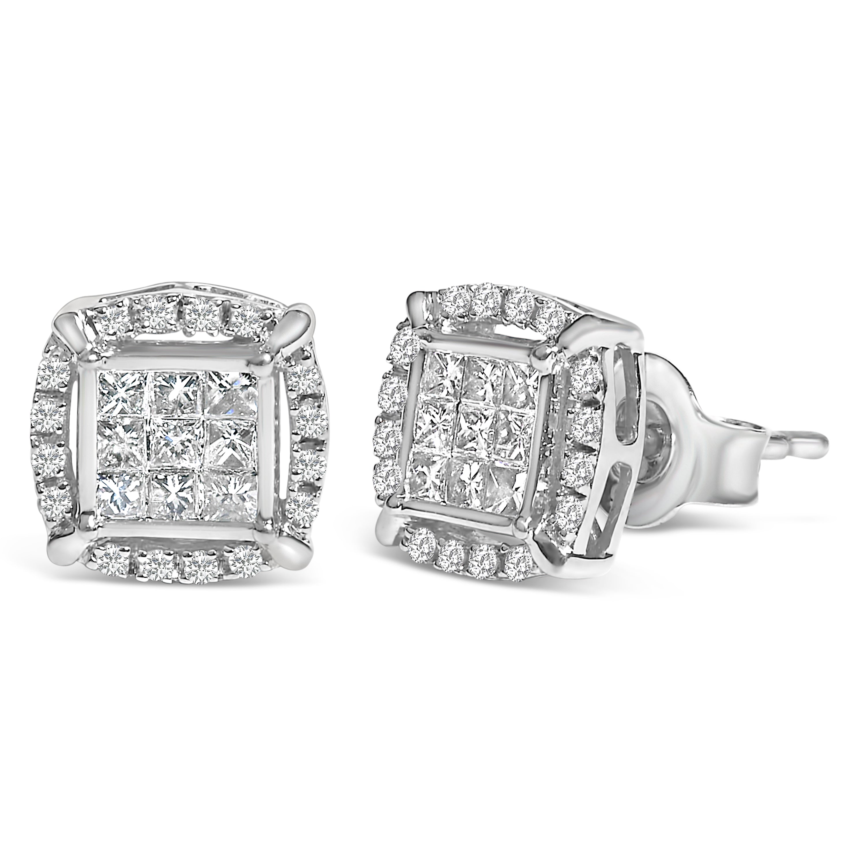 Sterling Silver 1/2 Cttw Princess Cut Diamond Composite and Halo Stud Earrings on sale at MyriadMart