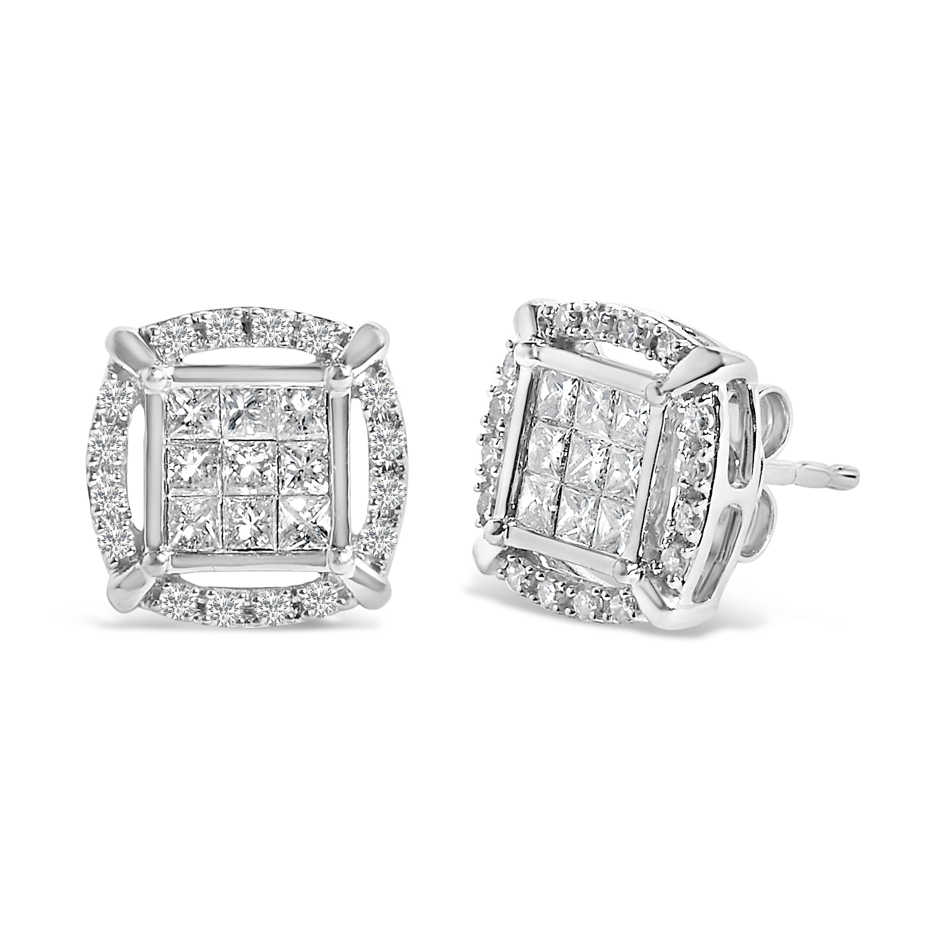 Sterling Silver 1 Cttw Princess Cut Diamond Square Halo Stud Earrings on sale at MyriadMart