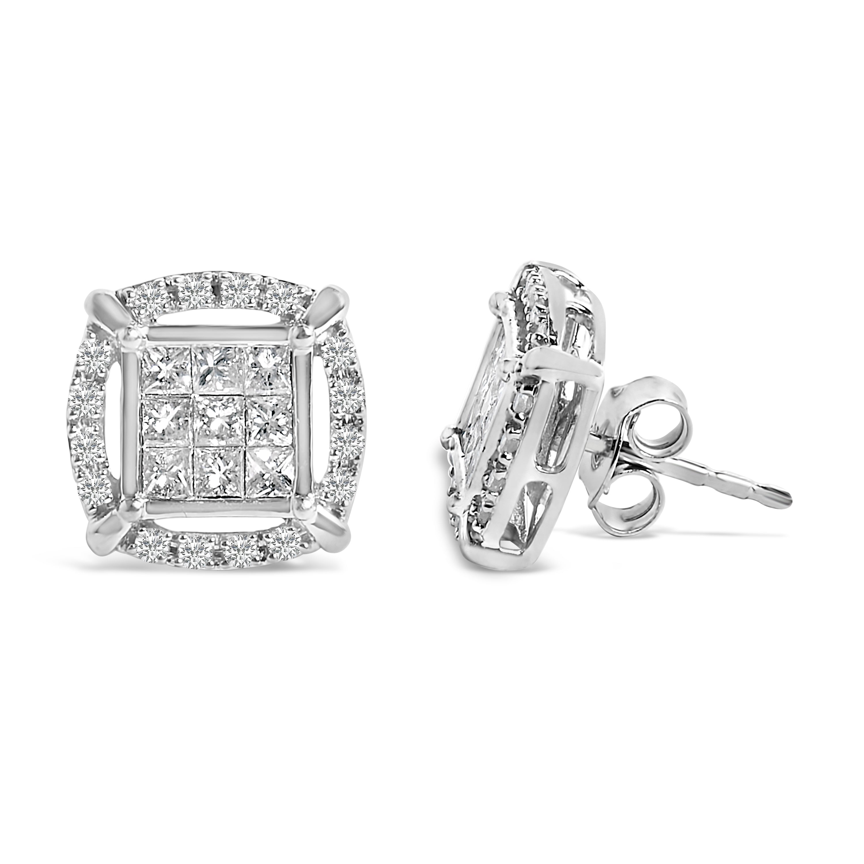 Sterling Silver 1 Cttw Princess Cut Diamond Square Halo Stud Earrings on sale at MyriadMart