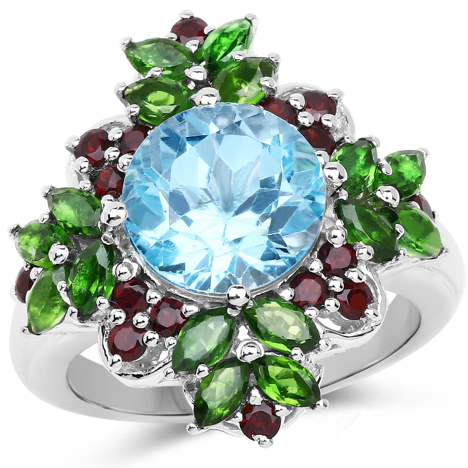 5.76 Carat Genuine Blue Topaz, Chrome Diopside & Garnet .925 Sterling Silver Ring on sale at MyriadMart