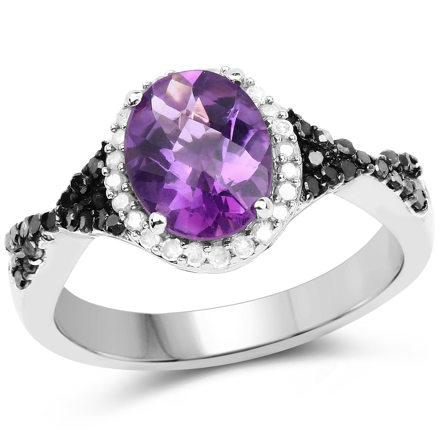 1.64 Carat Genuine Amethyst, Black Diamond & White Diamond .925 Sterling Silver Ring on sale at MyriadMart