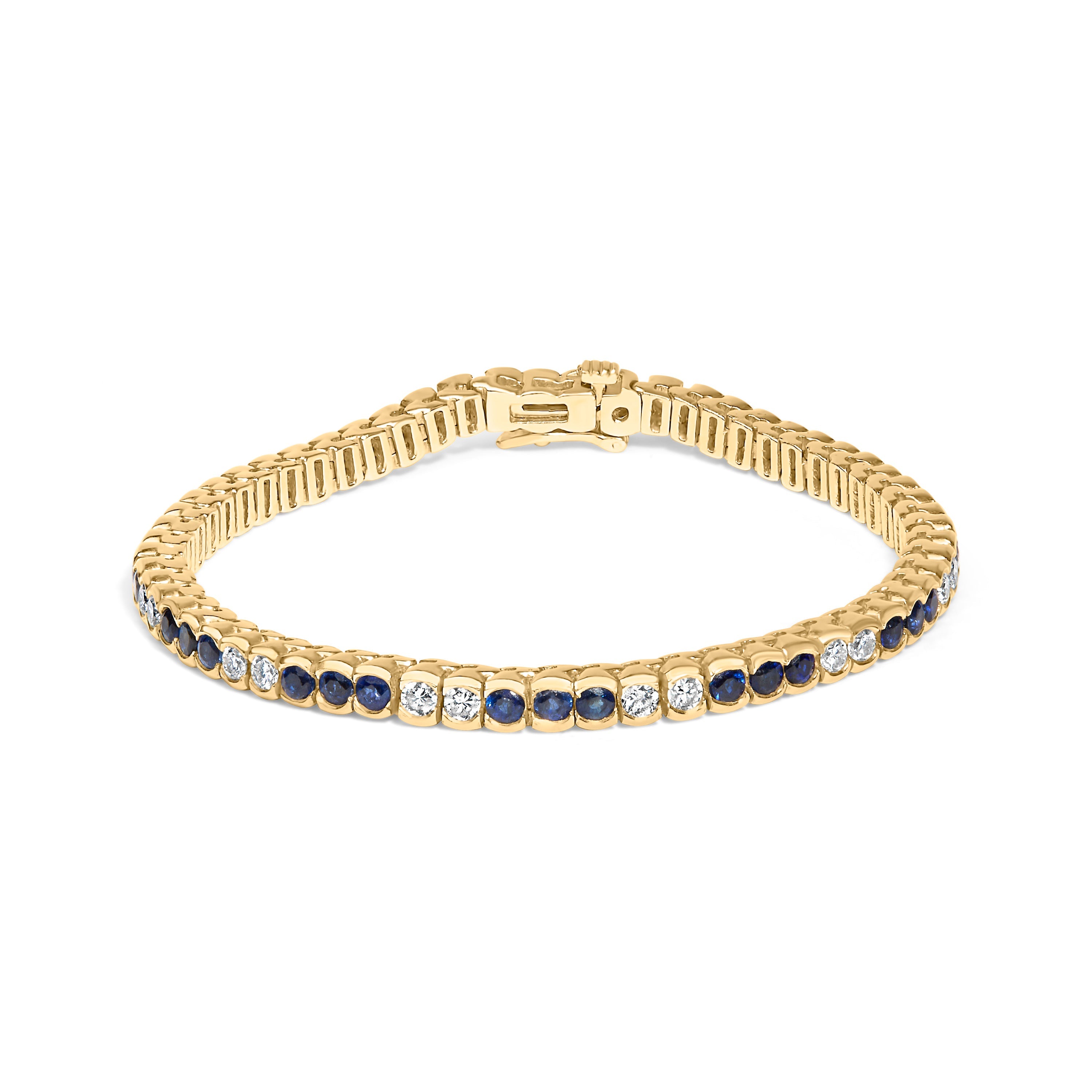 14K Yellow Gold 1 3/4 Cttw Diamond and 5.0 Cttw Blue Sapphire Bezel Set Tennis Bracelet G-H Color, SI1-SI2 Clarity - 7" Inches on sale at MyriadMart
