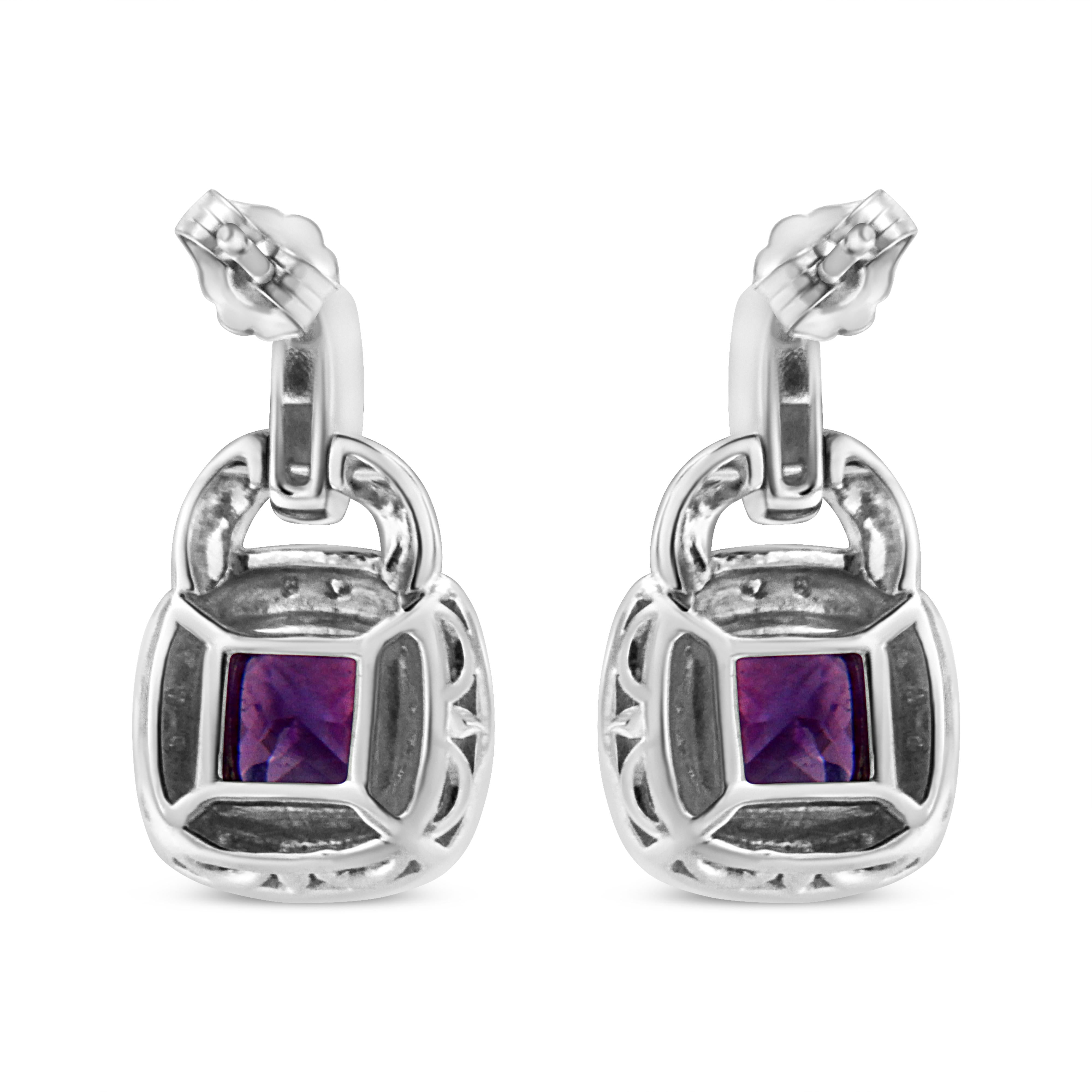 .925 Sterling Silver 8MM Natural Cushion Shaped Amethyst and Diamond Accent Halo with Push Back Dangle Earrings I-J Color, I2-I3 Clarity on sale at MyriadMart