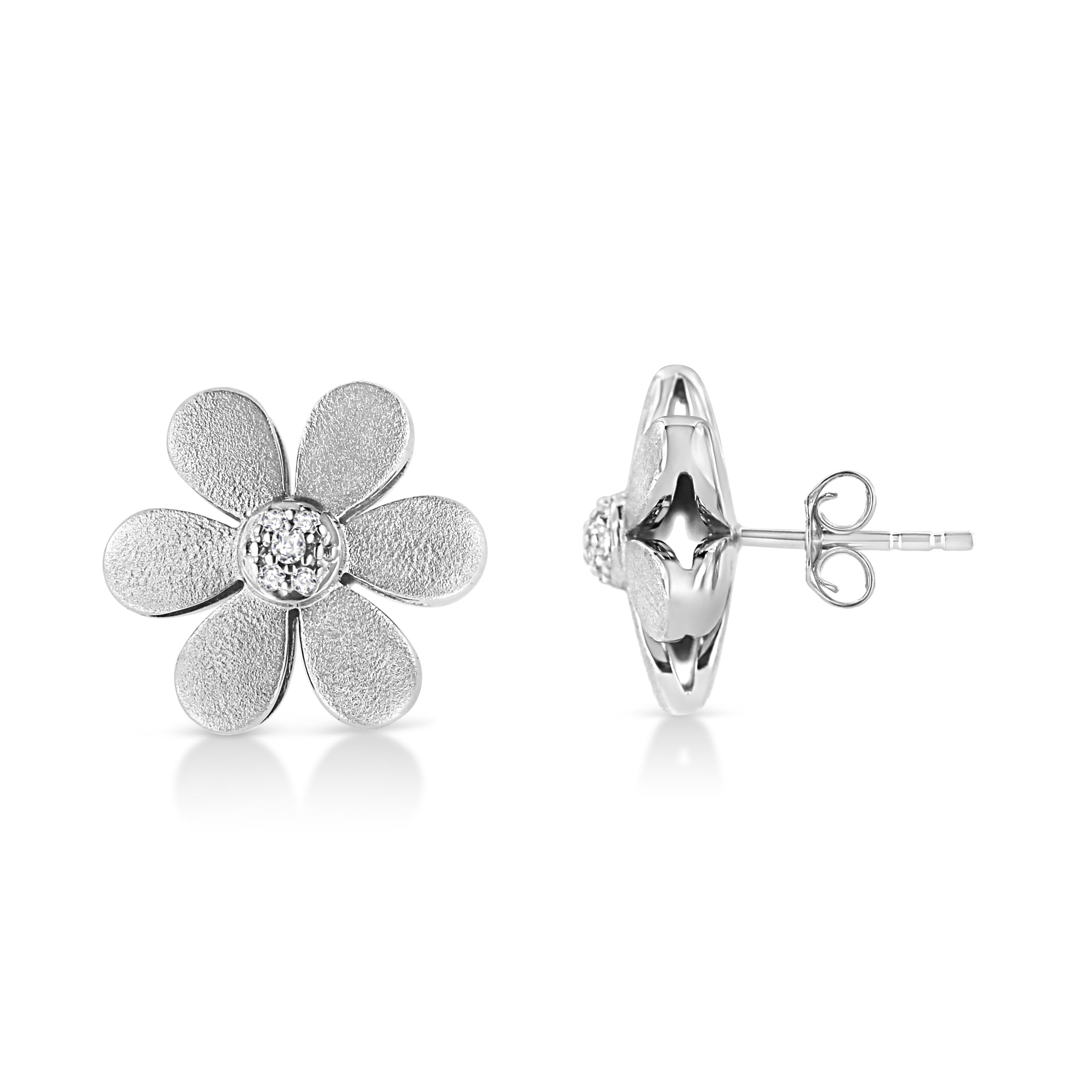 Matte Finished .925 Sterling Silver Diamond Accent Flower Hoop Stud Earring I-J Color, I1-I2 Clarity on sale at MyriadMart