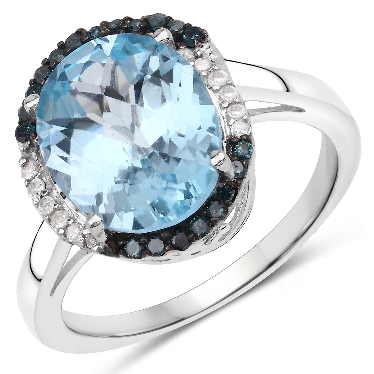 5.27 Carat Genuine Swiss Blue Topaz, Blue Diamond and White Diamond .925 Sterling Silver Ring on sale at MyriadMart