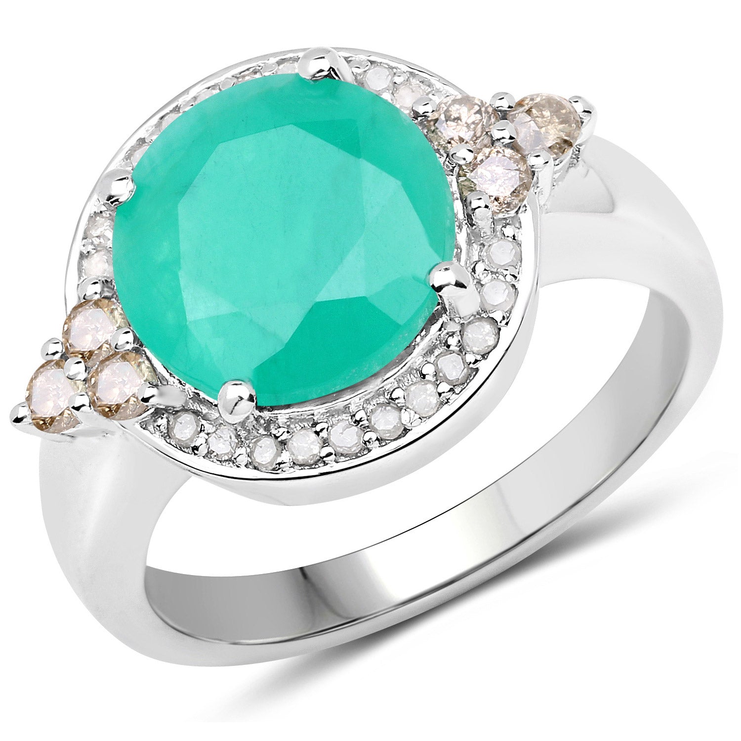 3.51 Carat Genuine Emerald, Champagne Diamond and White Diamond .925 Sterling Silver Ring on sale at MyriadMart
