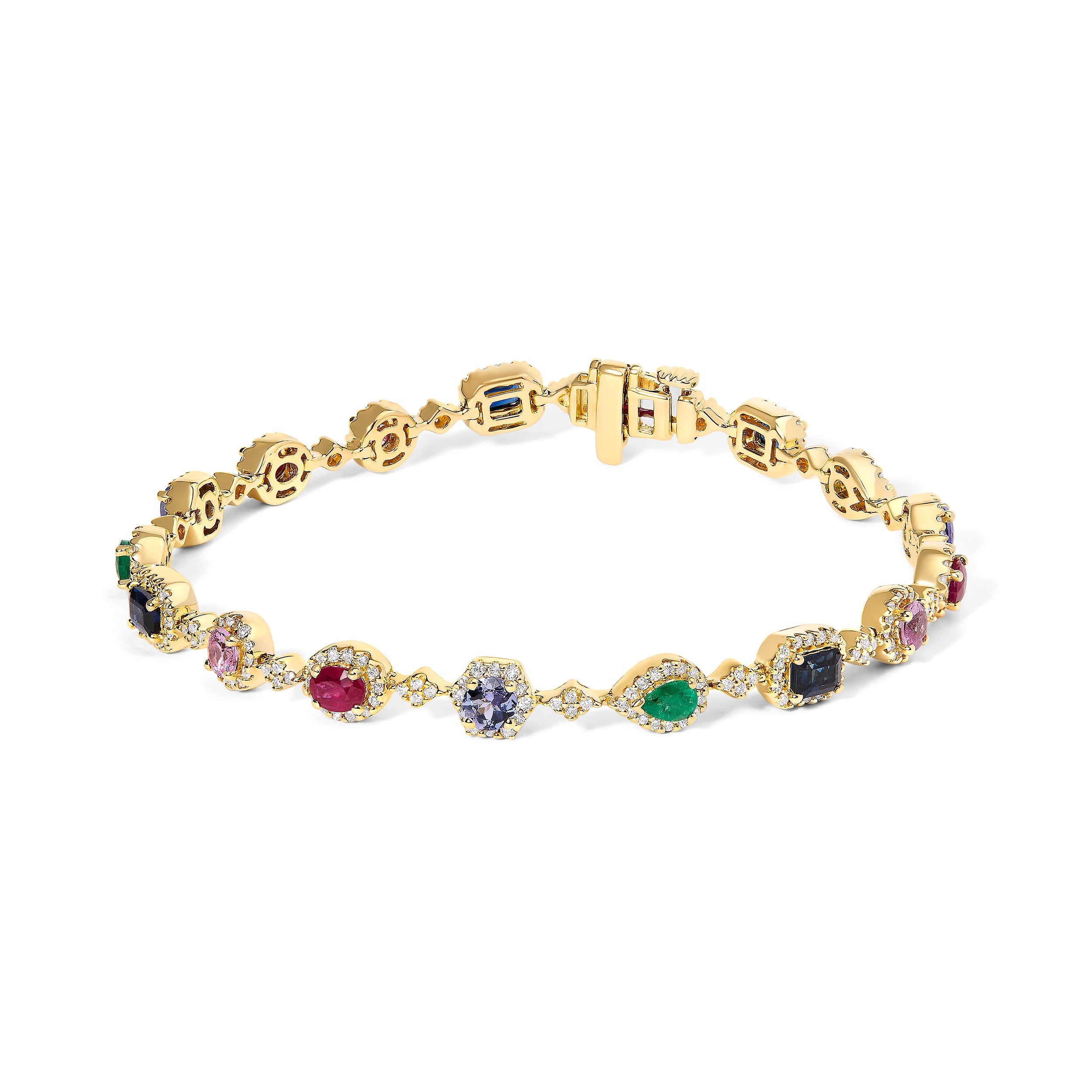 14K Yellow Gold Multi-Gemstone and Diamond Halo Rainbow Link Bracelet on sale at MyriadMart