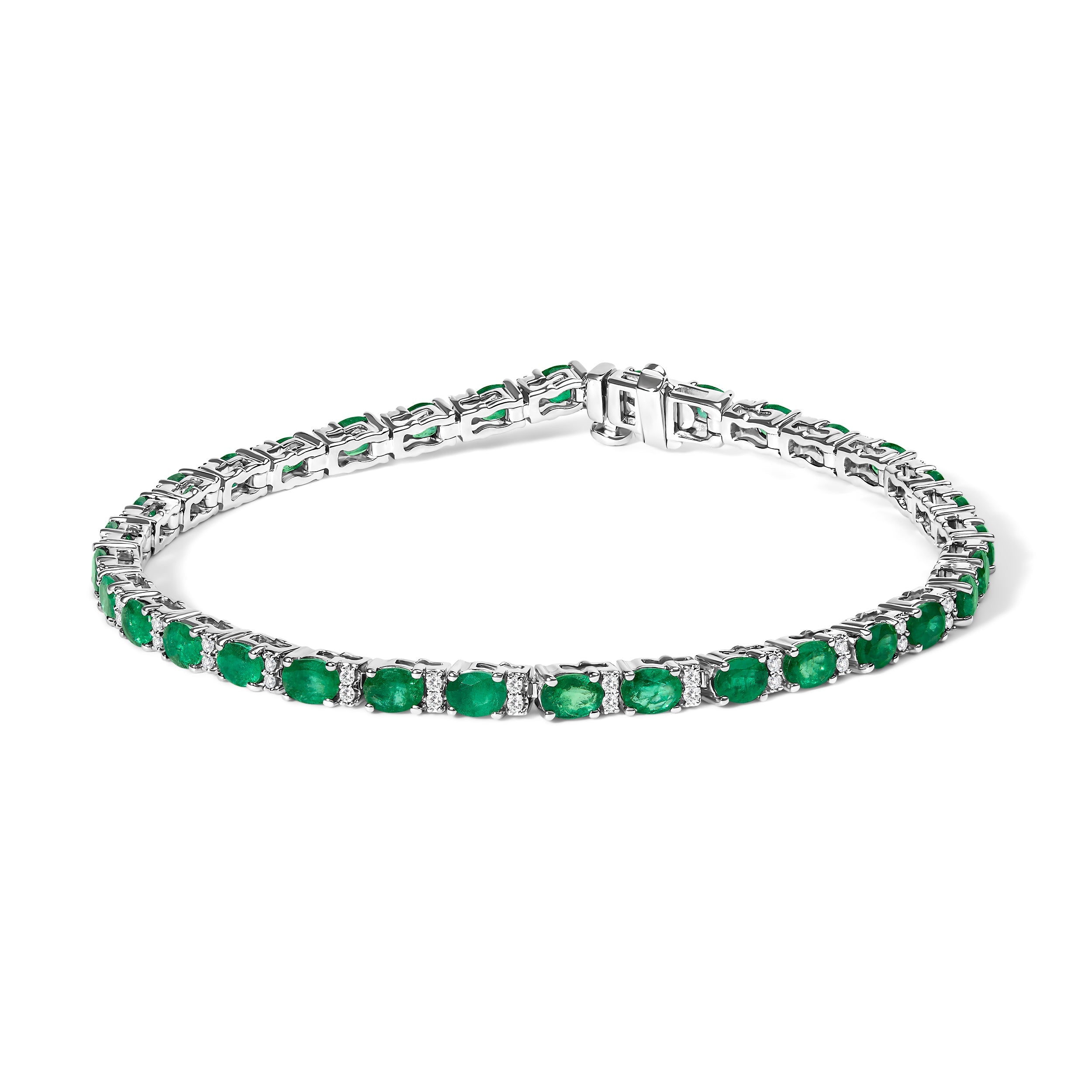 14K White Gold Alternating Oval Green Emerald and Diamond Tennis Bracelet on sale at MyriadMart