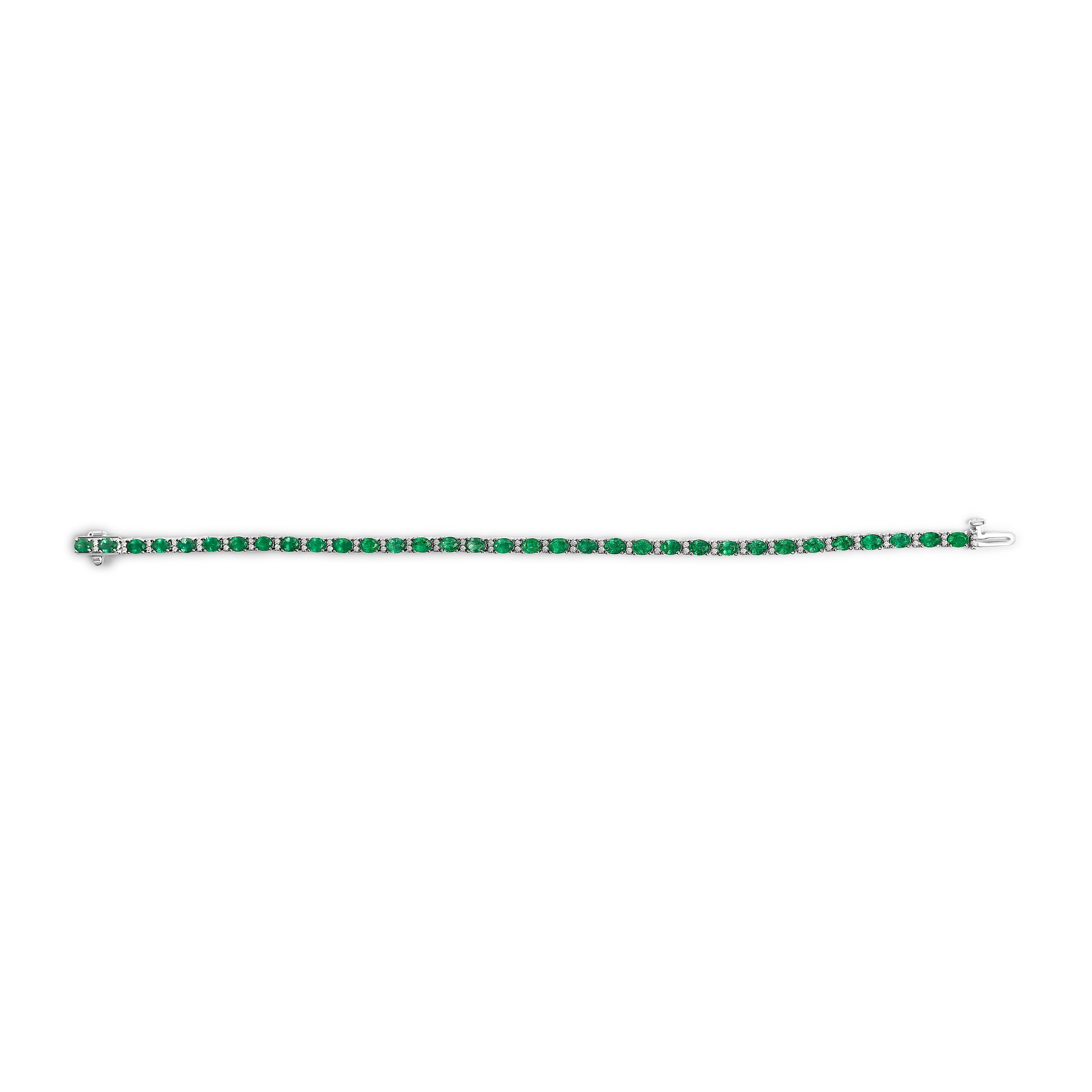 14K White Gold Alternating Oval Green Emerald and Diamond Tennis Bracelet on sale at MyriadMart