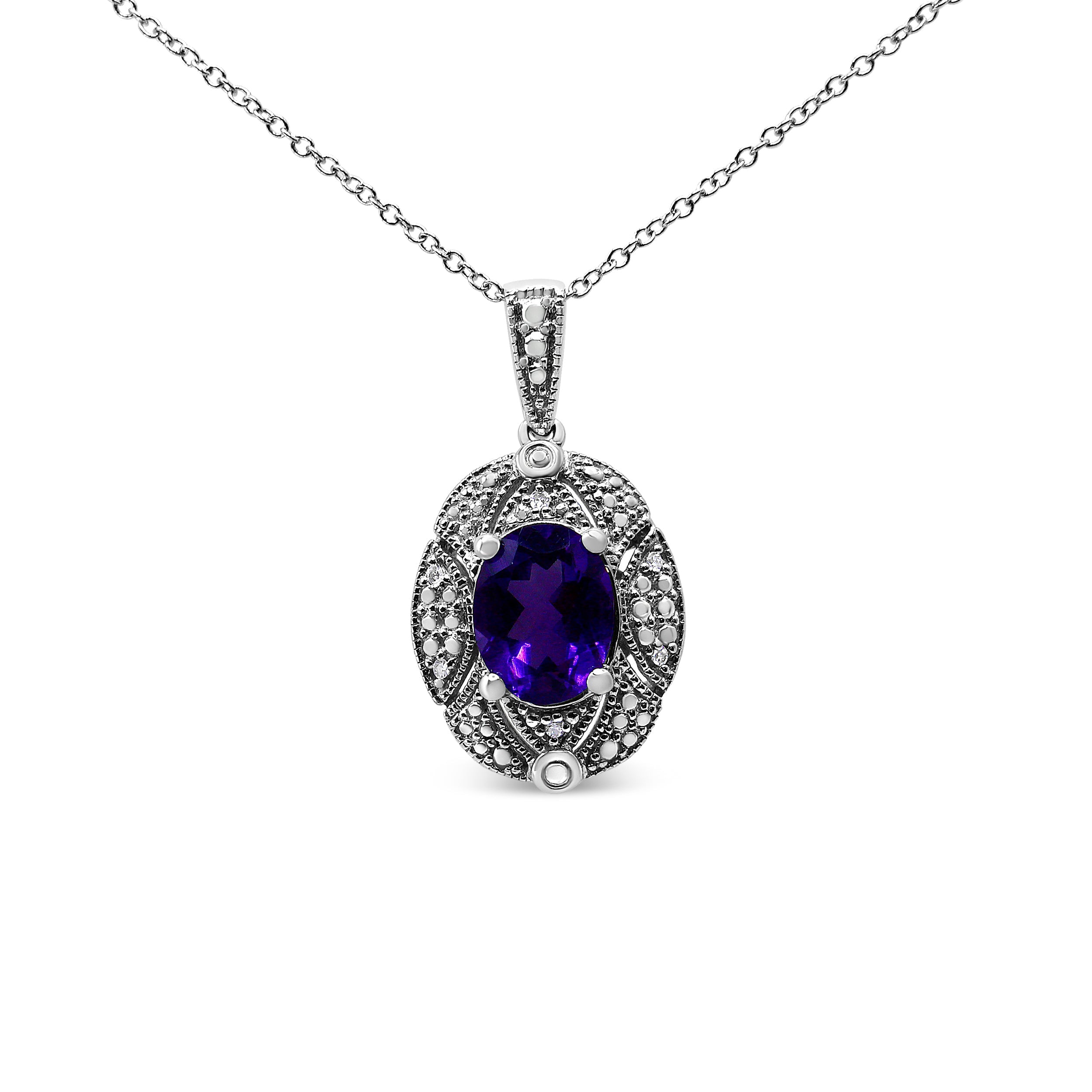 .925 Sterling Silver Diamond Accent and 9x7mm Purple Oval Amethyst Gemstone Pendant 18" Necklace I-J Color, I1-I2 Clarity on sale at MyriadMart