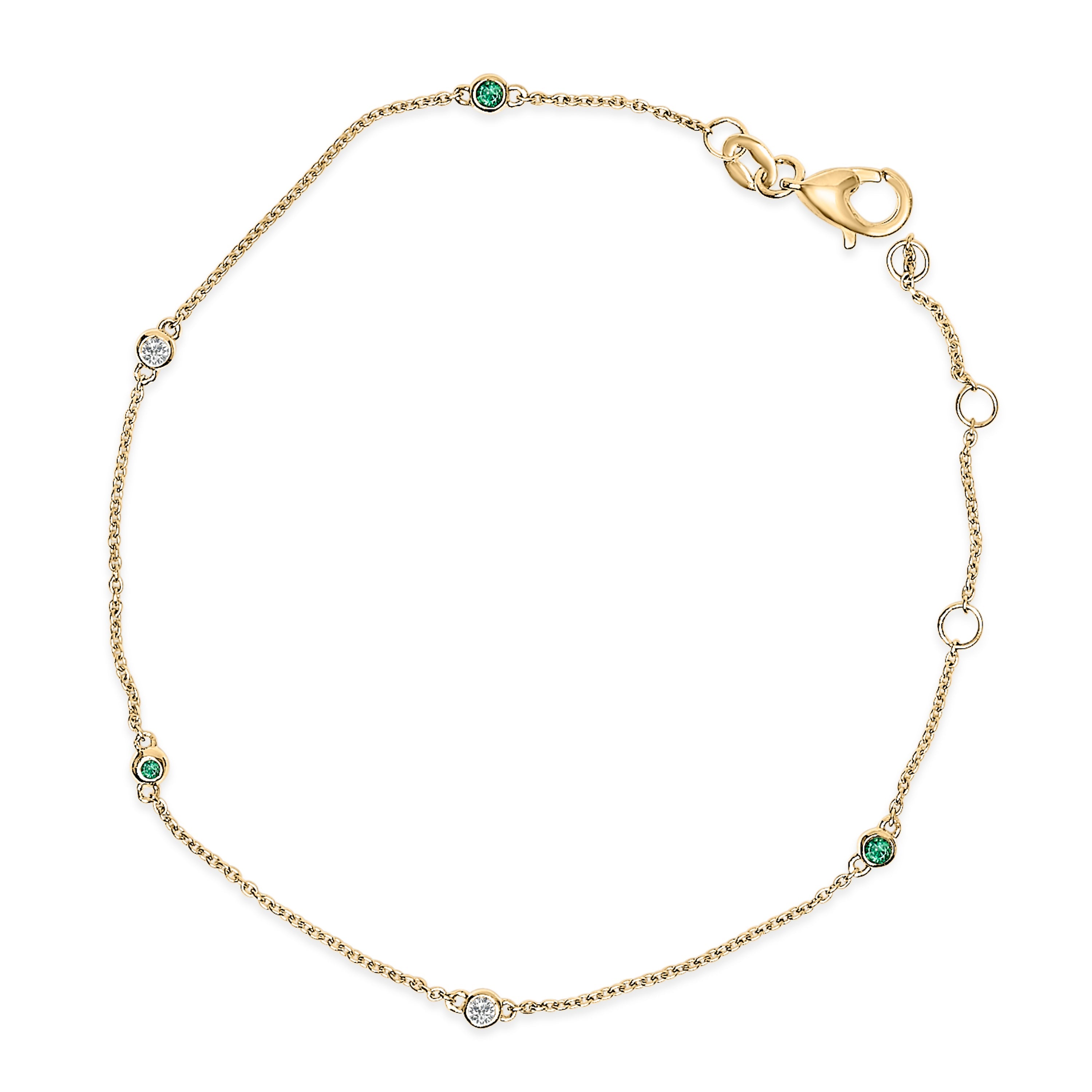 14K Yellow Gold Alternating Green Emerald and Diamond Bezel Station Chain Bracelet - Size 7.5 inch on sale at MyriadMart
