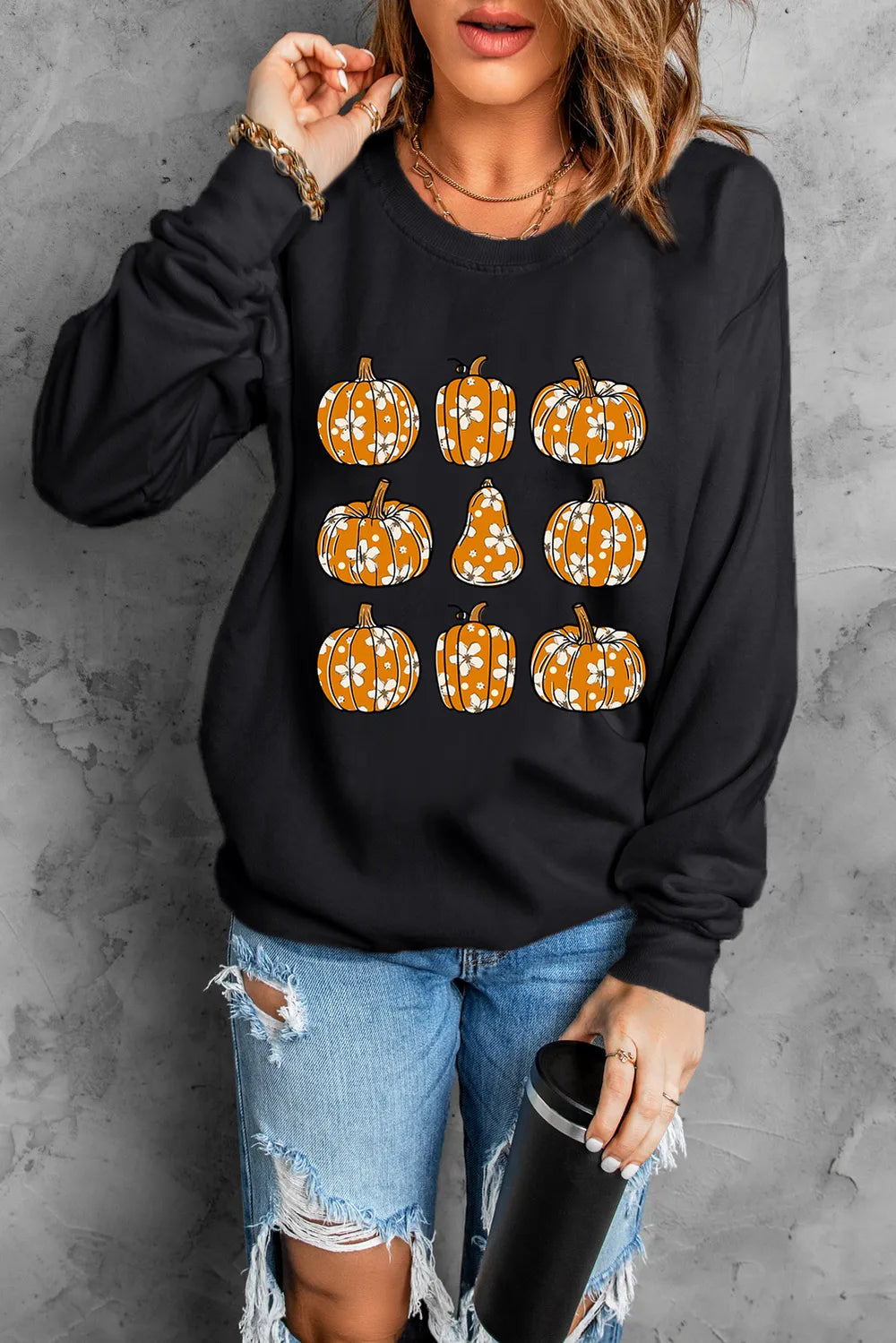 Pumpkin Round Neck Long Sleeve Sweatshirt - MyriadMart
